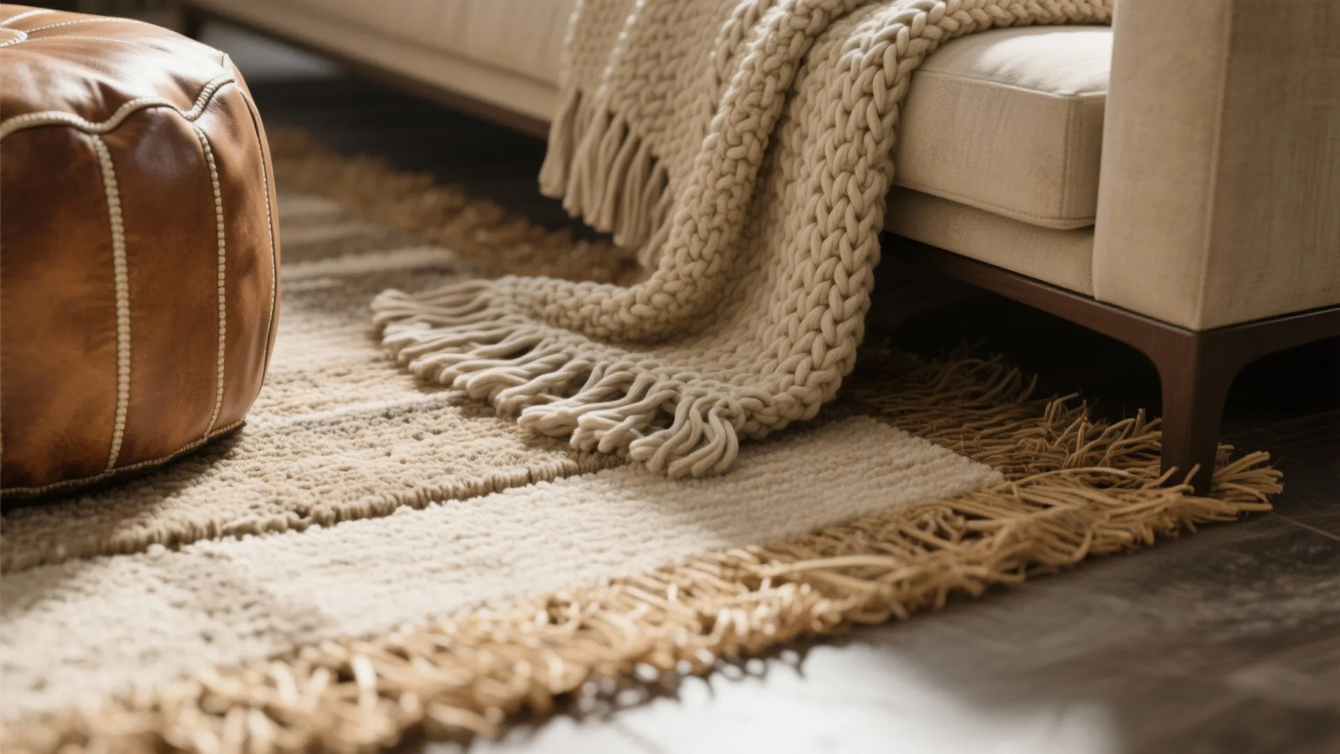 Close up of beige knitted blanket on sofa next to leather footrest and textured rug