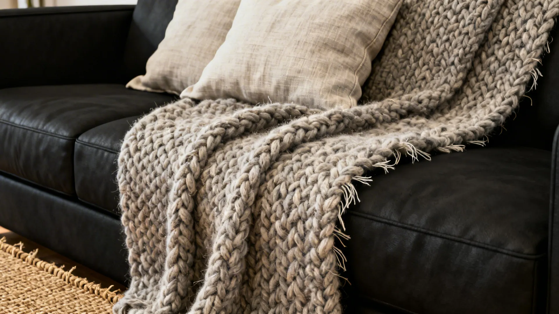 Close-up of chunky wool throw, linen cushions and jute rug layered on a black sofa.