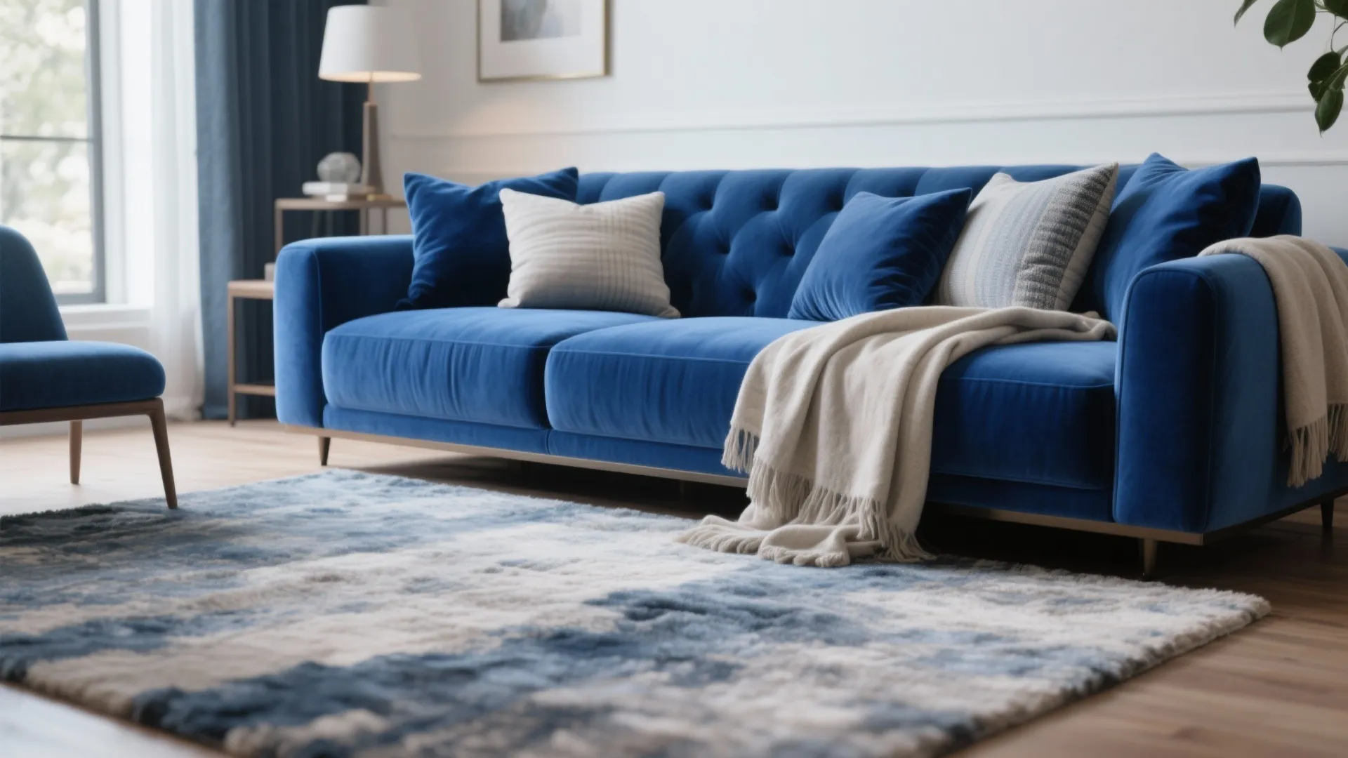 Close up of a blue sofa with white pillows beige blanket and blue patterned floor rug