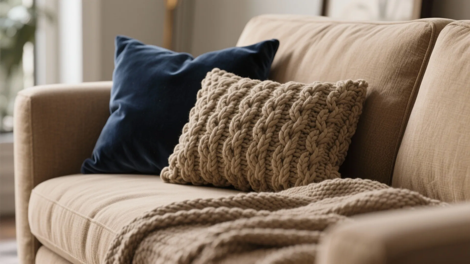 Tan sofa featuring blue velvet pillow and beige knit pillow with soft matching wool blanket