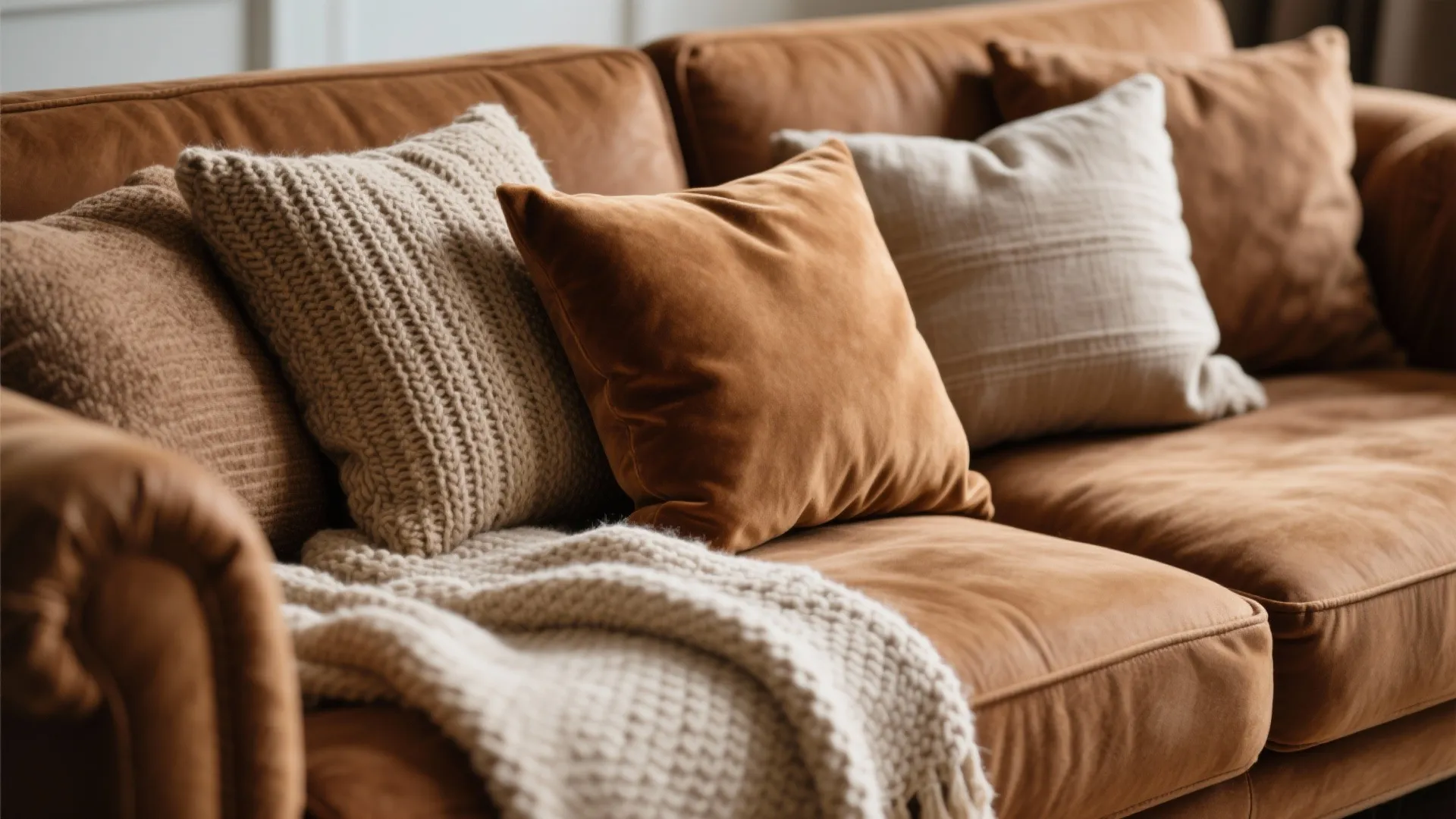 Close up of brown leather sofa with various textured pillows and a soft knitted blanket