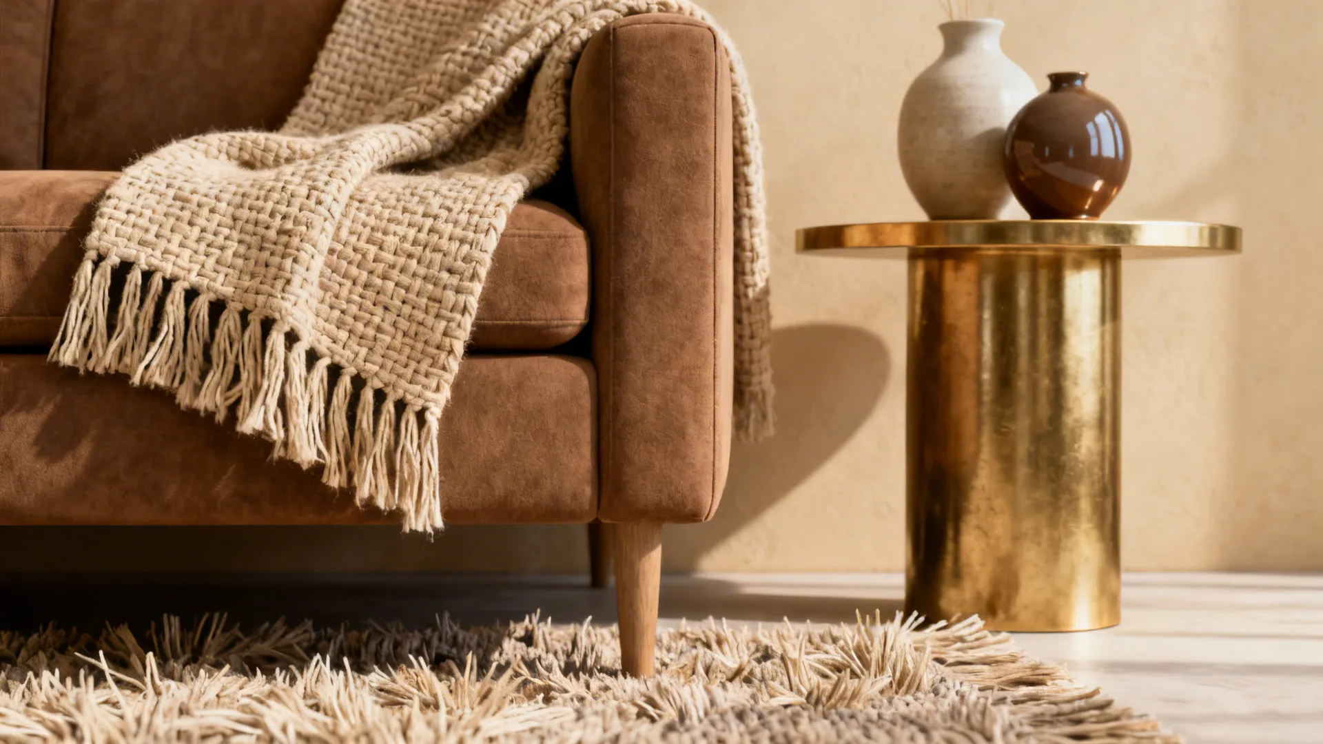 Close-up of woven throw, textured rug and brass accent paired with a brown sofa.
