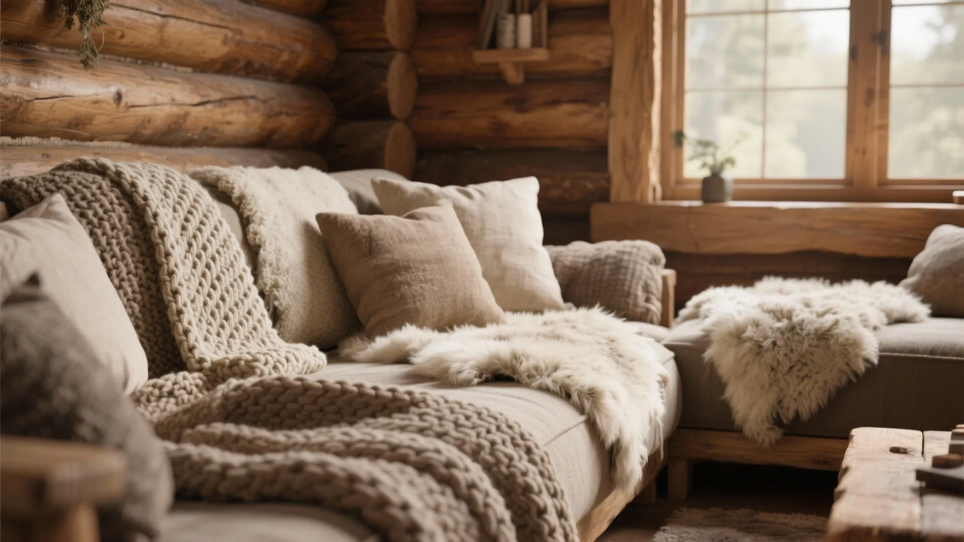 Cozy cabin living room with soft knitted blankets pillows and fur rugs on a sofa