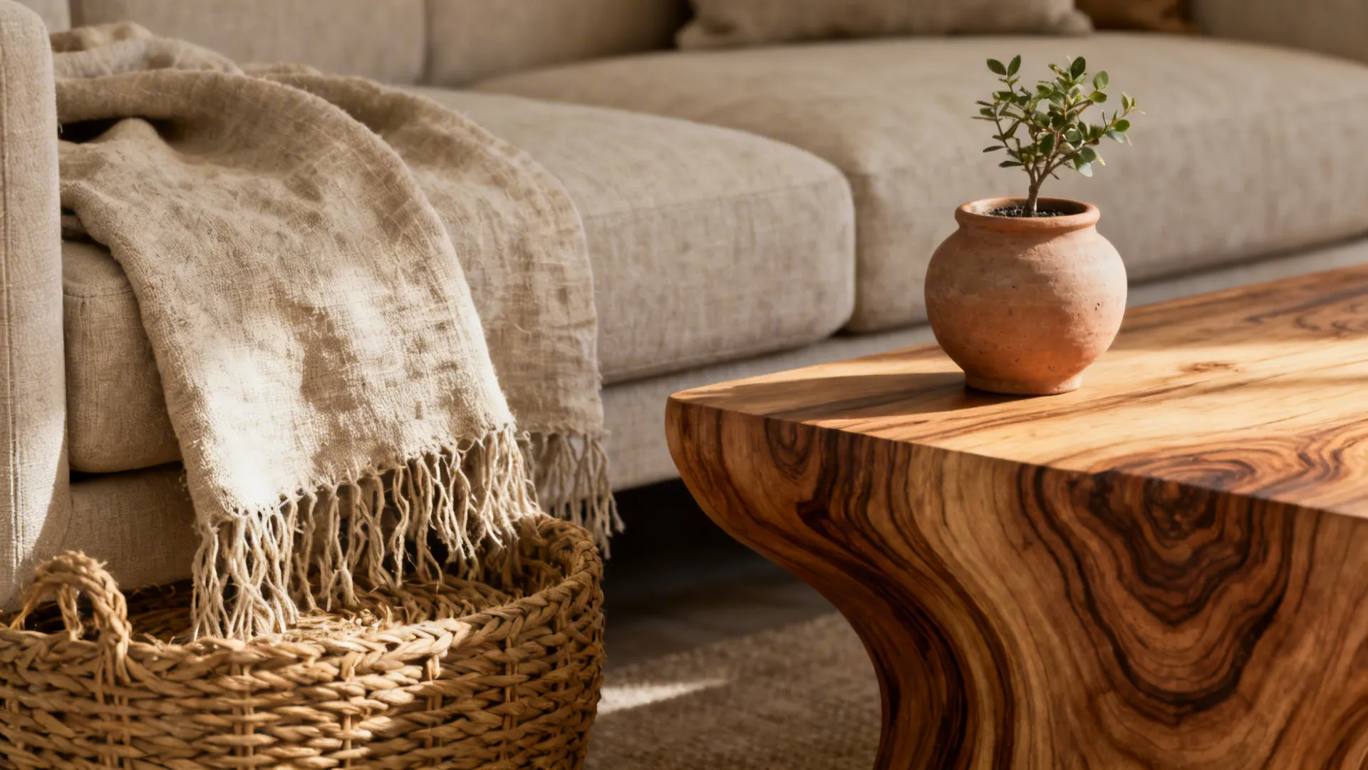 Close-up of linen upholstery, woven basket and ceramic pot showing warm tactile materials.