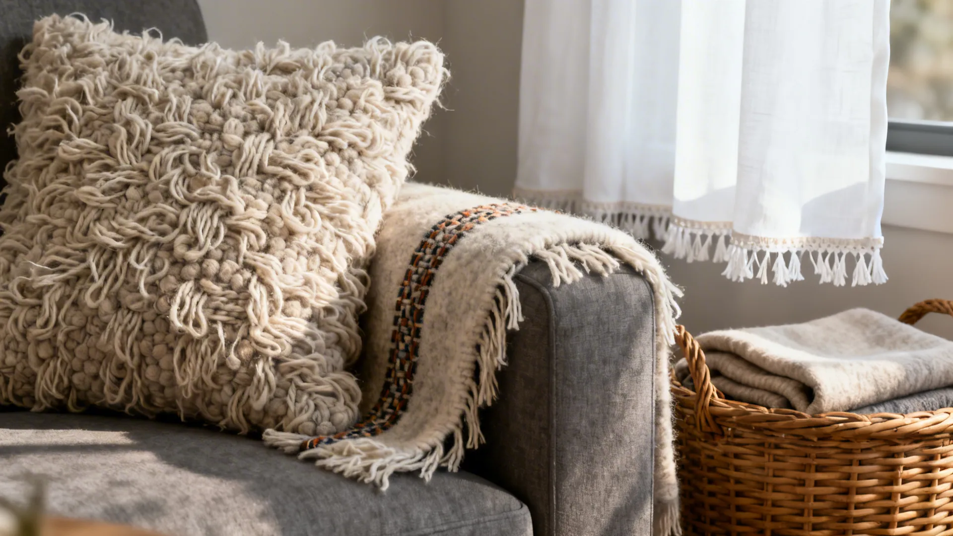 Close-up of boucle pillow, wool throw and rattan basket showing layered textures in brown white and grey scheme