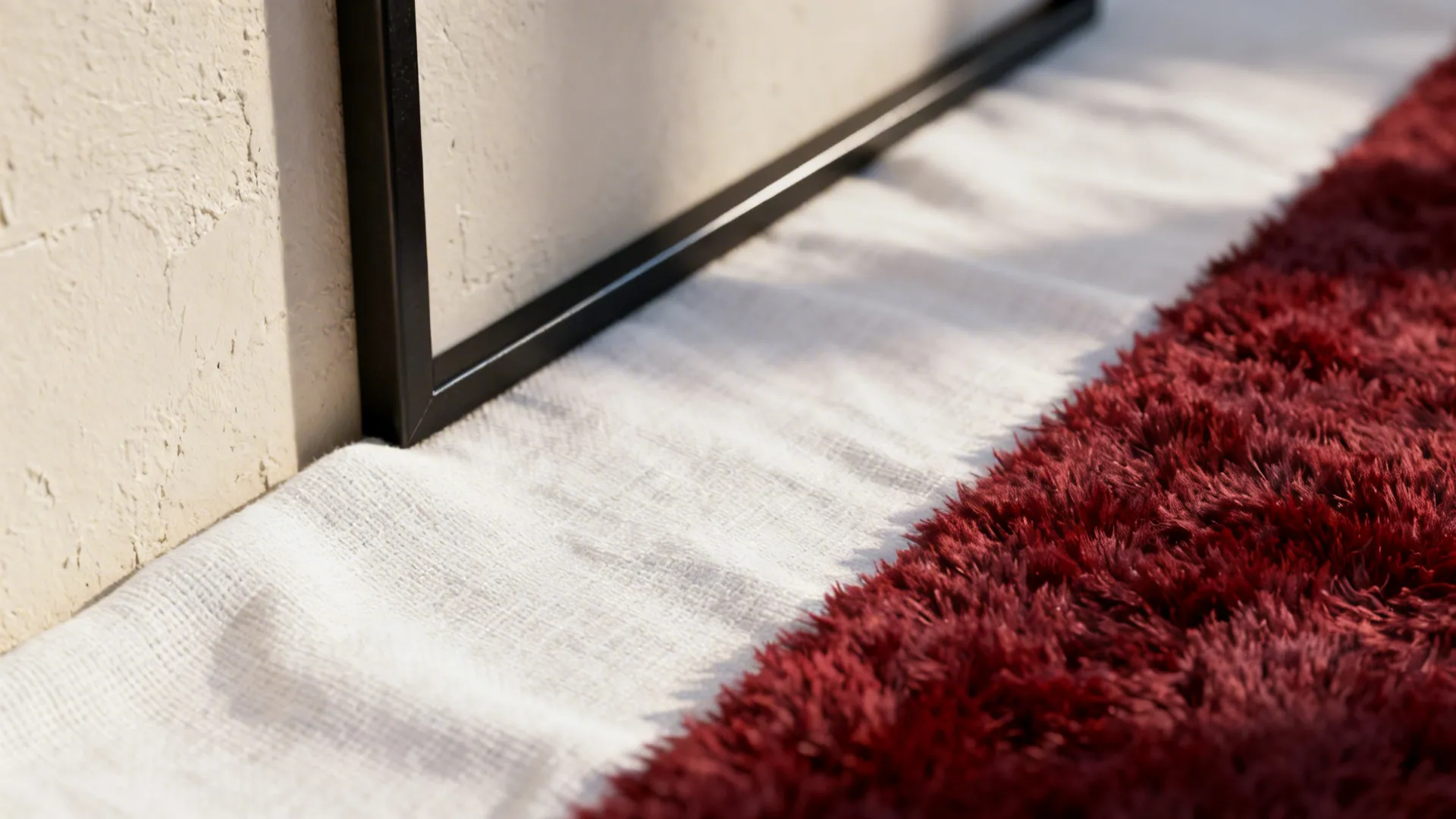 Close-up of matte plaster, black frame, white linen and plush red throw showing layered textures.
