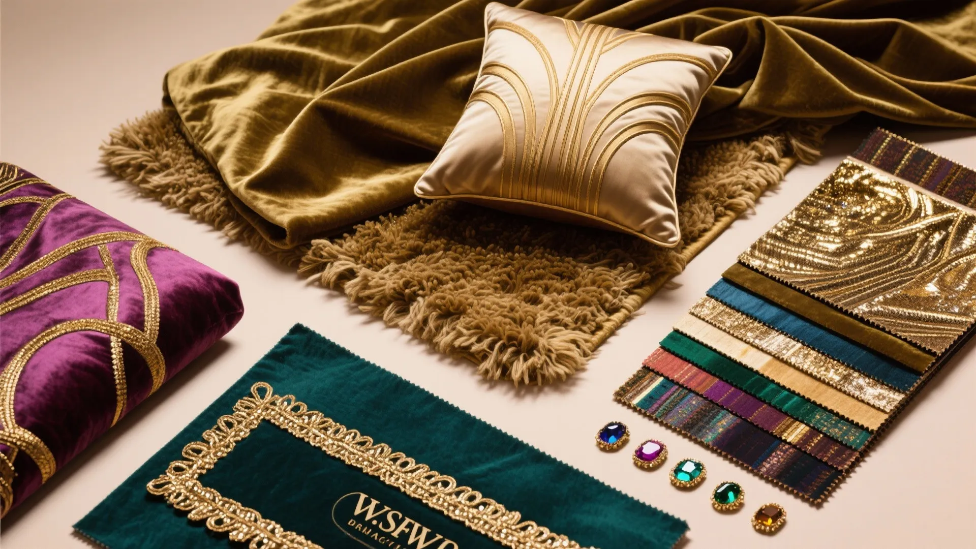Interior design material board with green velvet fabric gold cushions colorful gems and fabric samples