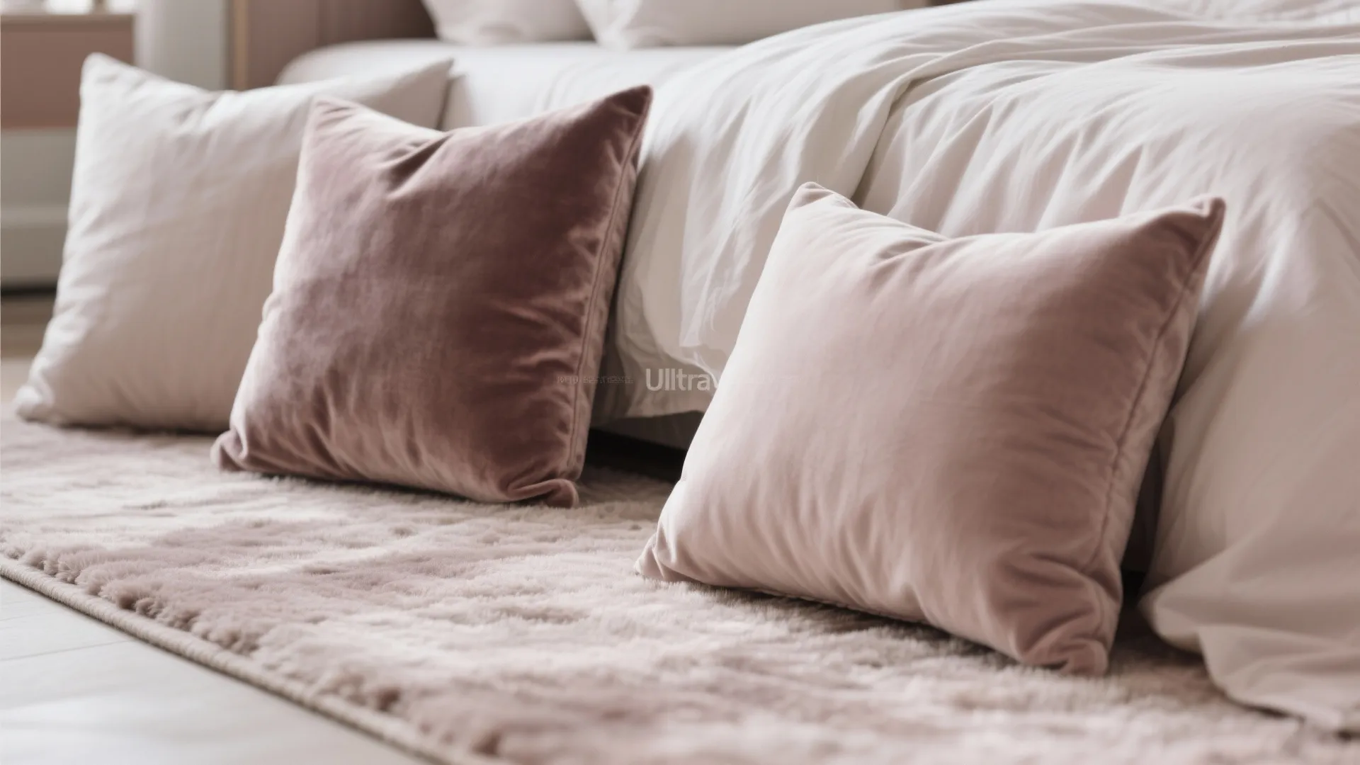 Close up of pink velvet pillows on a soft rug next to a white comfortable bed