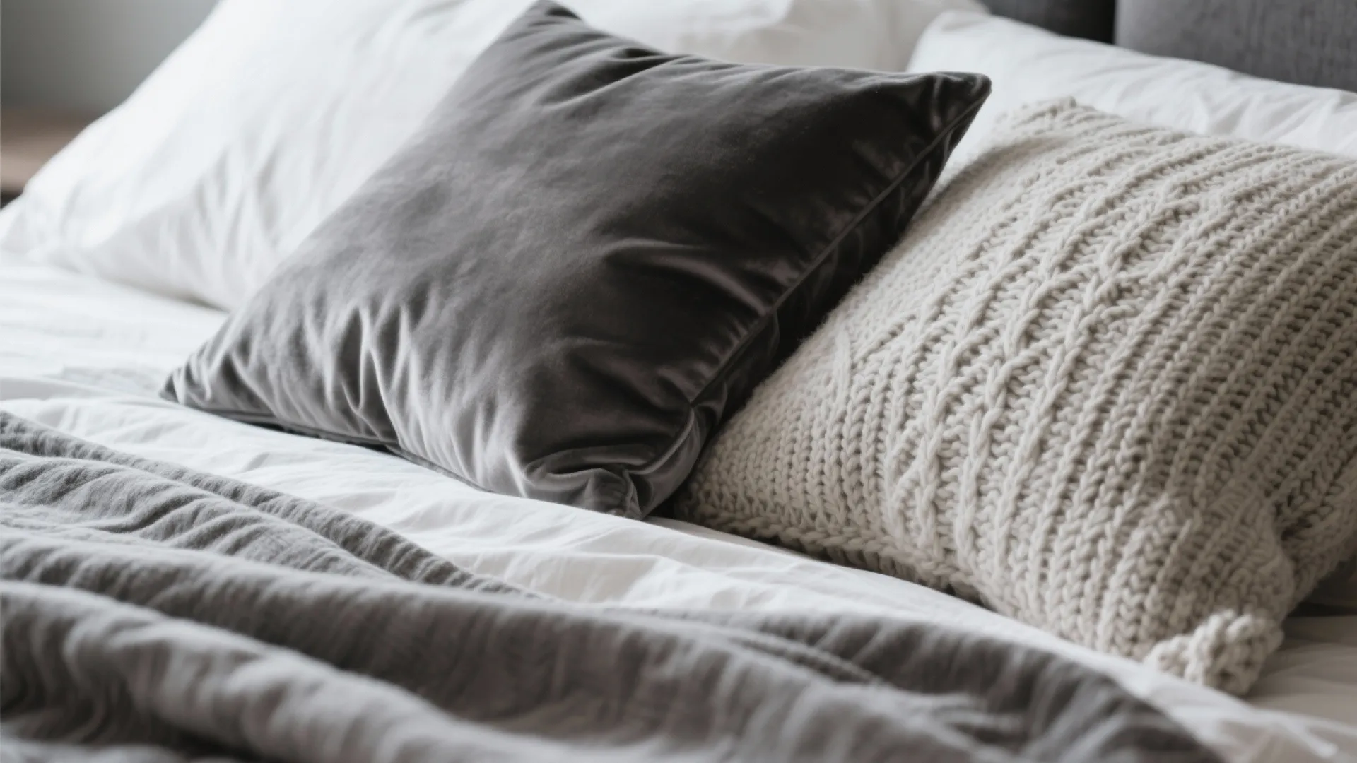 Gray velvet pillow and white knitted cushion placed on a bed with soft textured blankets