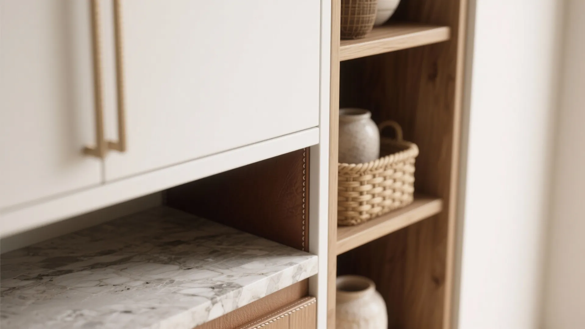 3. Layer textures: matte cabinets, glossy counters, and natural wood