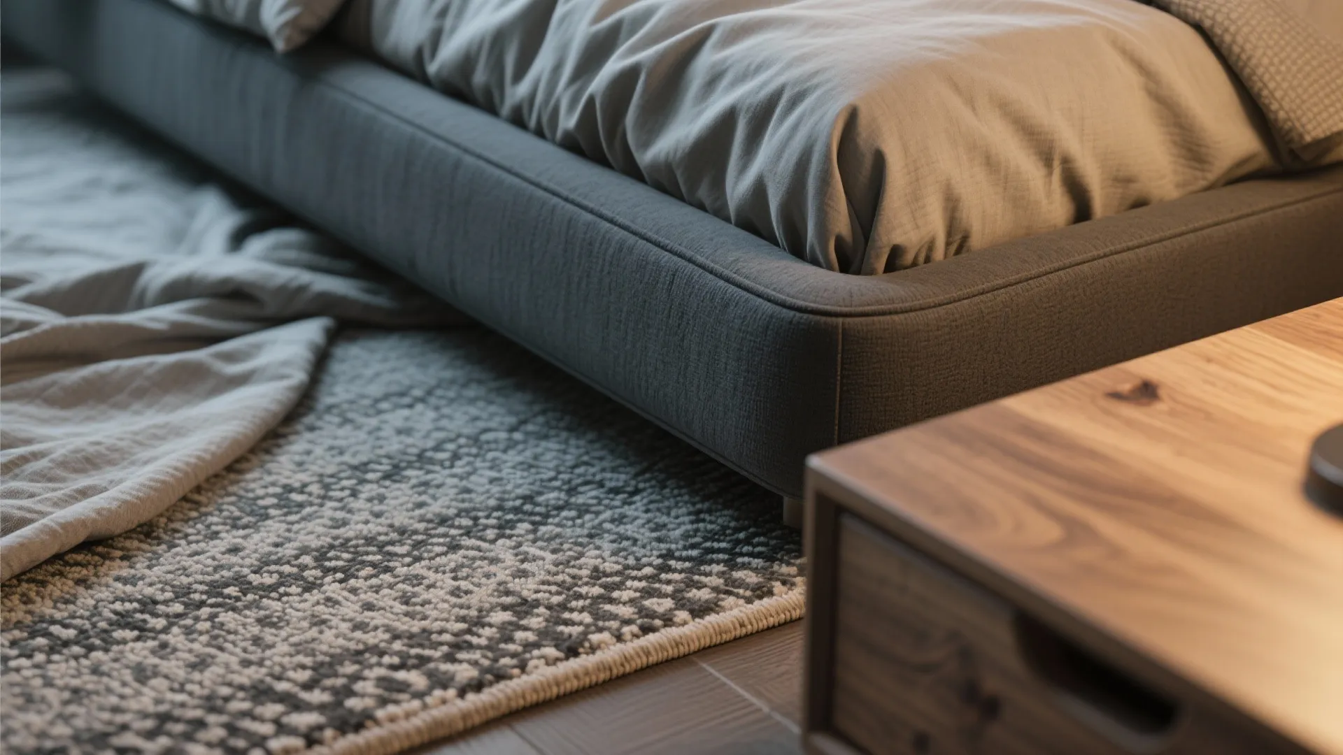 Close up of a grey fabric bed frame textured floor rug and wooden bedside cabinet