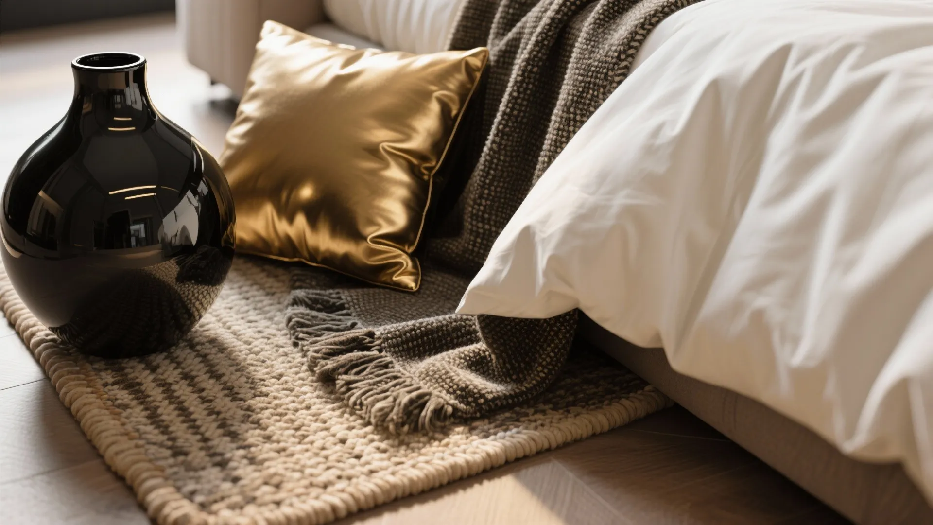 Layered textures including woven rug, satin throw, gold cushion and glossy black vase