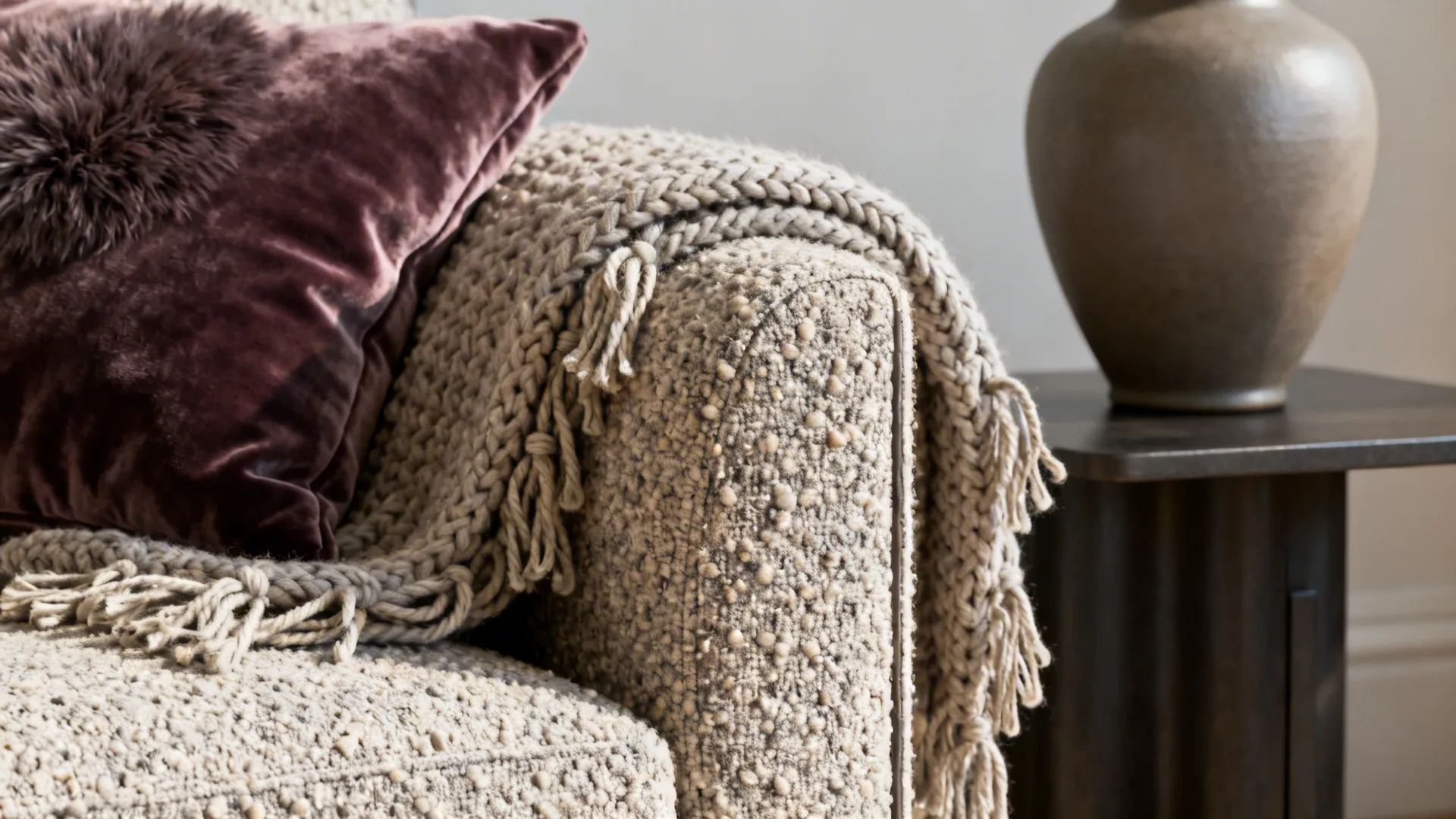 Close-up of boucle sofa, knit throw and velvet cushion in blue-gray tones