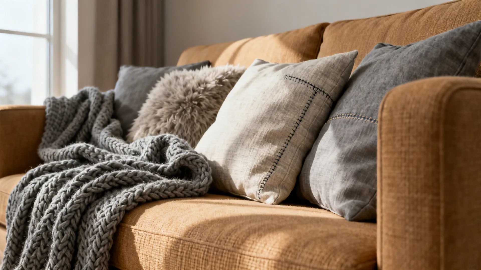 Close-up of tan sofa with chunky gray knit blanket and mixed-texture cushions.