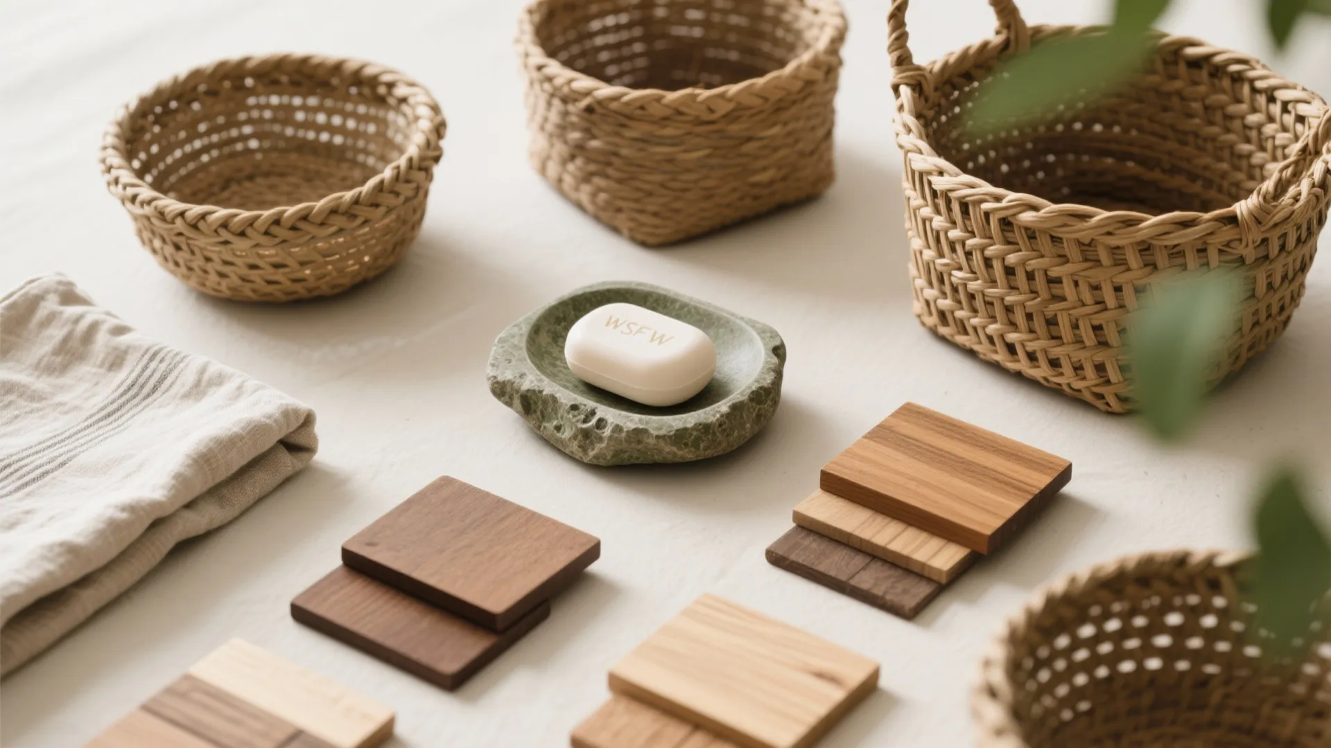 Interior design materials featuring woven baskets soap in stone dish and various wood sample squares