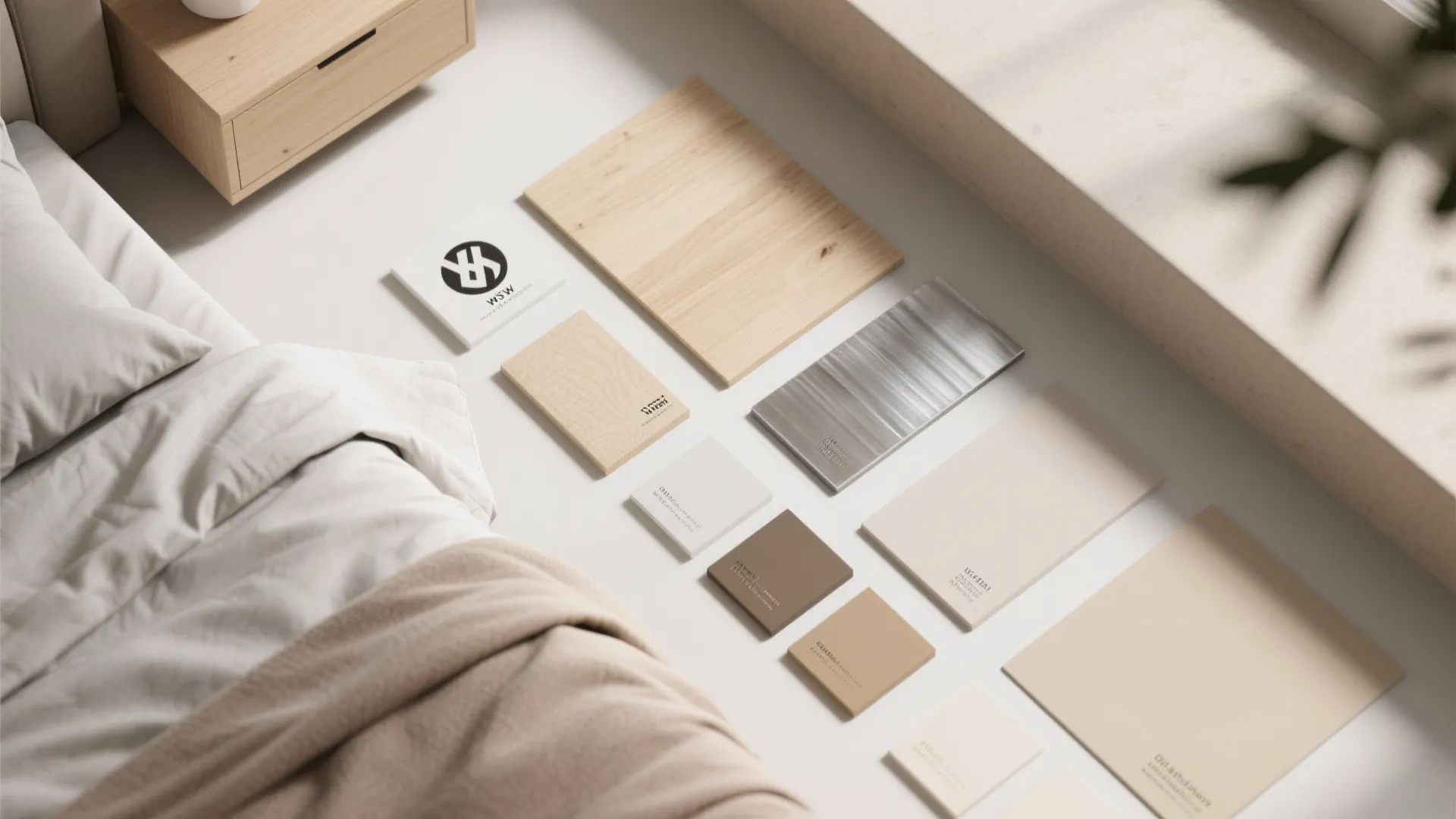 Interior design material samples including wood and tile arranged on the floor next to bed