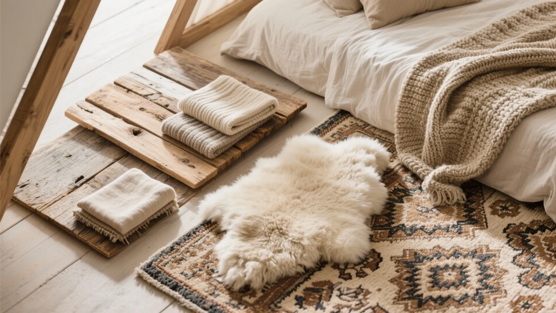 Wood, linen, wool, sheepskin and vintage rug samples