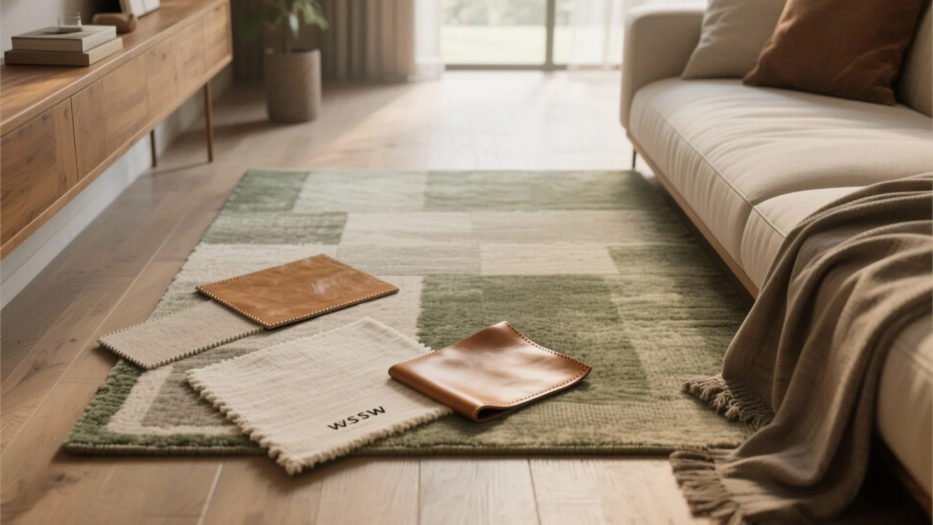 Leather and fabric material samples placed on a green patterned rug in a bright room
