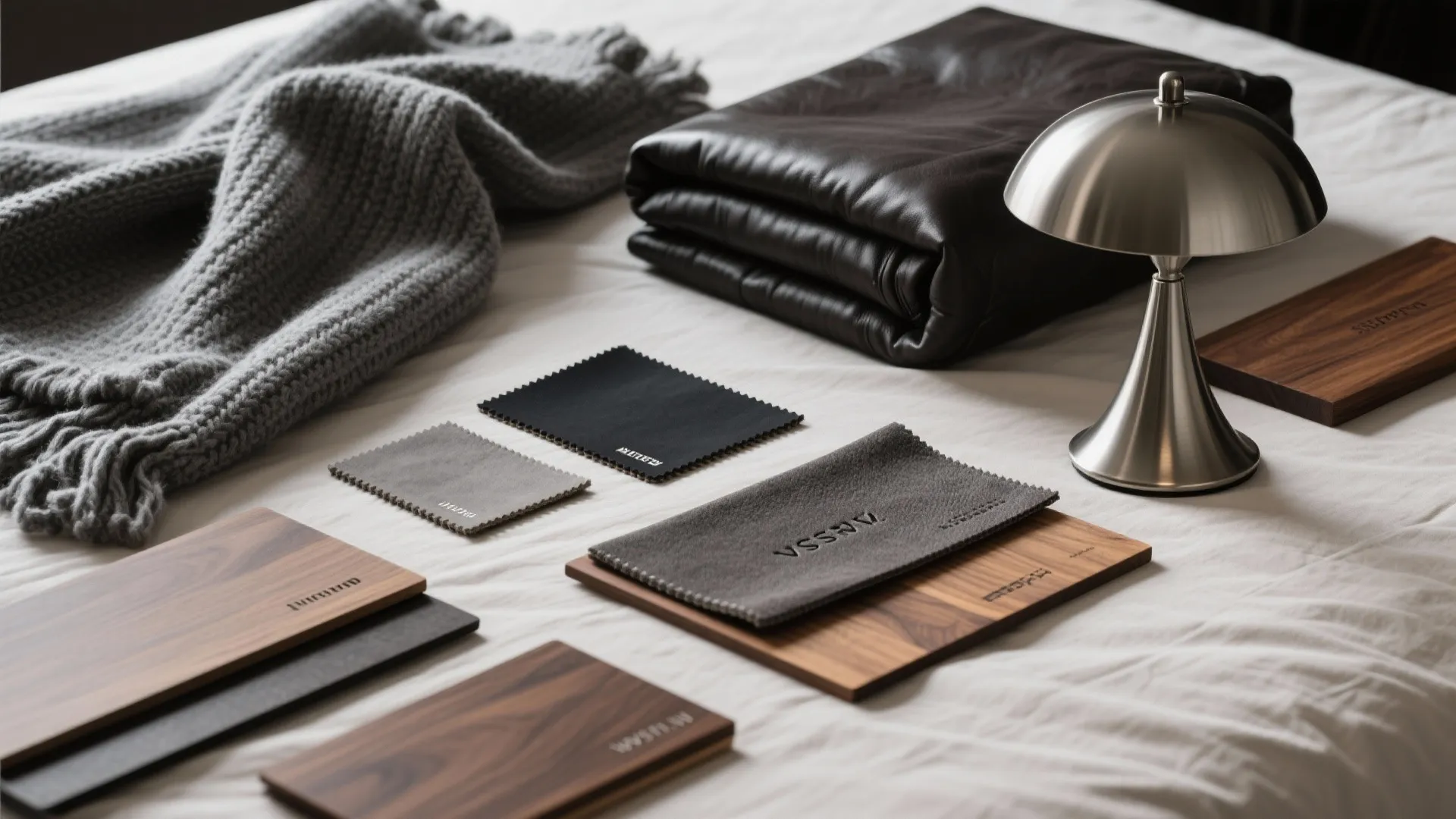 Interior design mood board with fabric swatches wooden panels grey blanket and small silver lamp