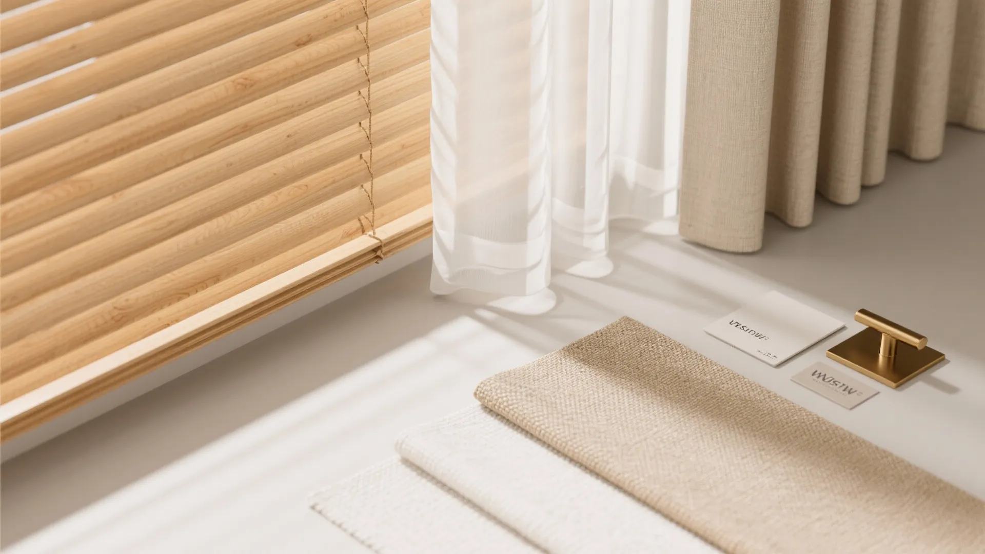 Wood blinds, sheer white curtains, beige fabric samples, gold handle, and cards on white surface