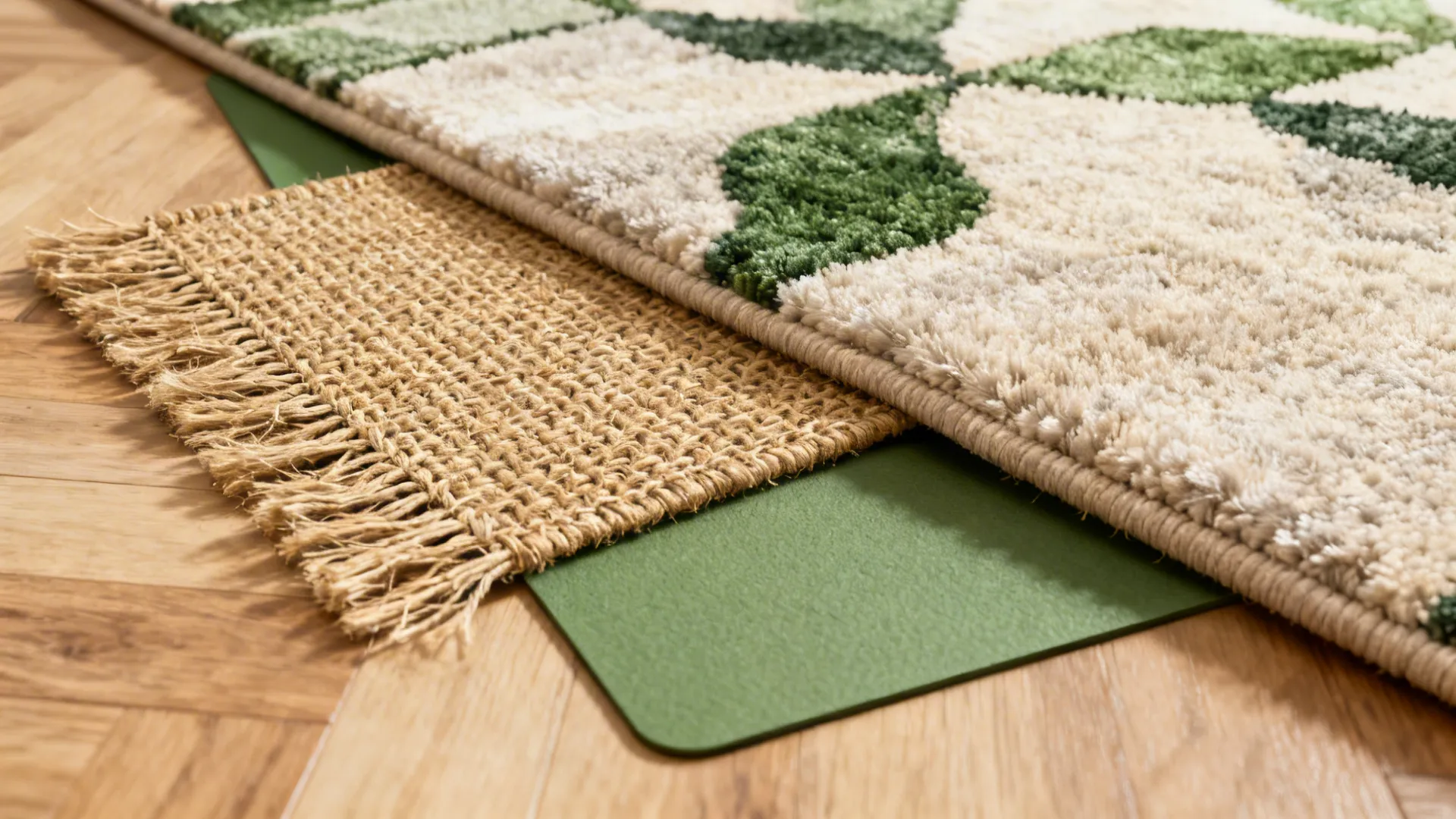 Flatlay showing layered jute and wool rugs with pad, highlighting texture contrast