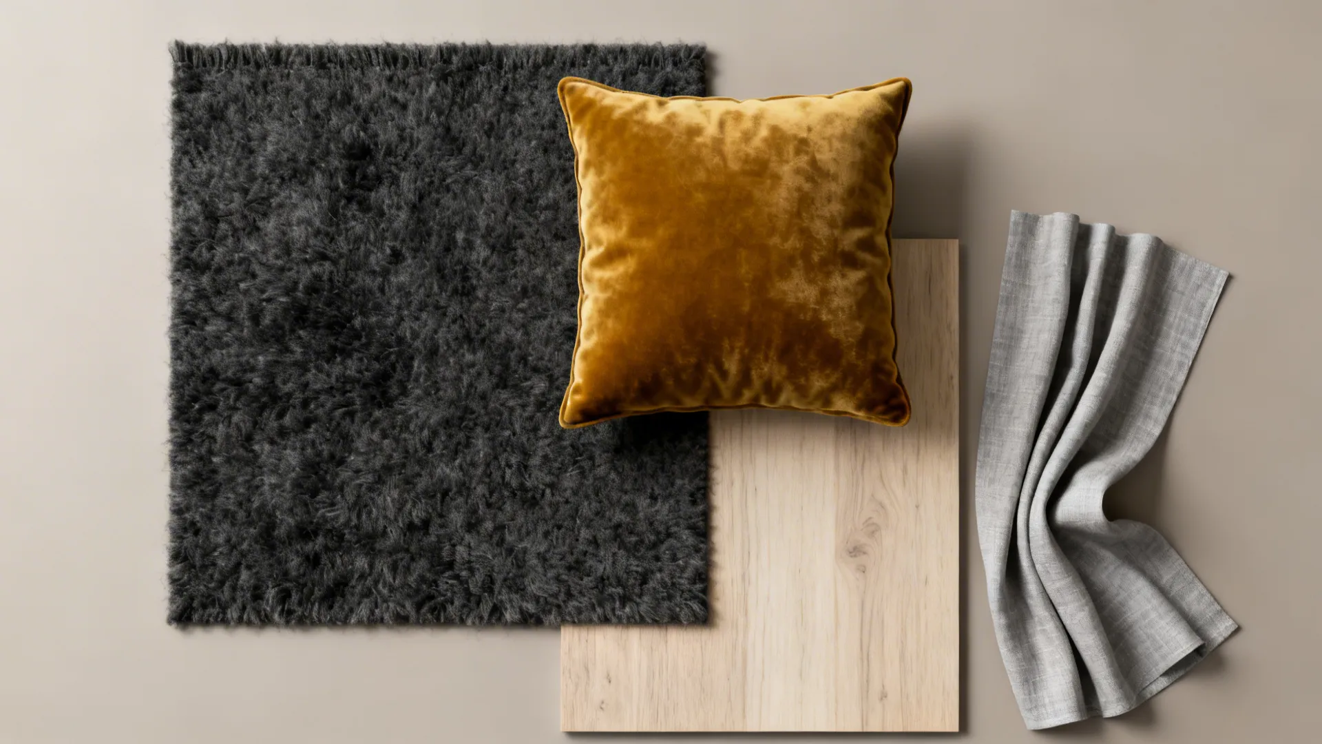 Material mood board with dark grey rug yellow velvet pillow light wood panel and grey fabric