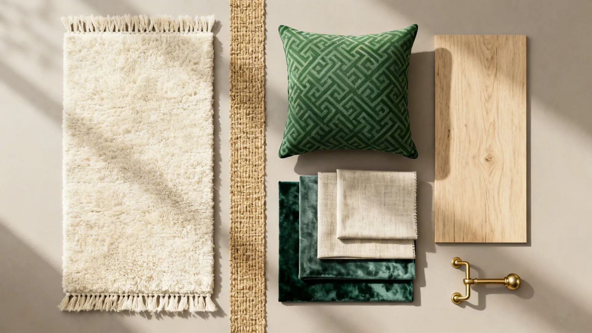 Flatlay of cream wool, jute runner, green fabric swatches, brass and wood samples