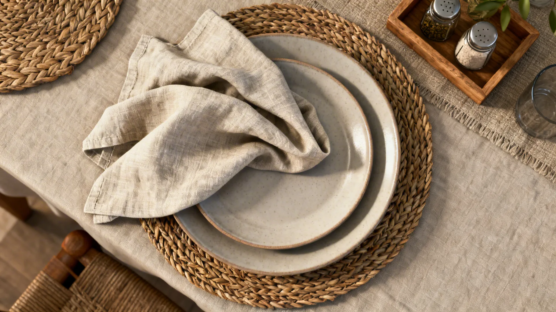 Top-down view of layered placemats, linen napkin and a small tray with condiments on a dining table.