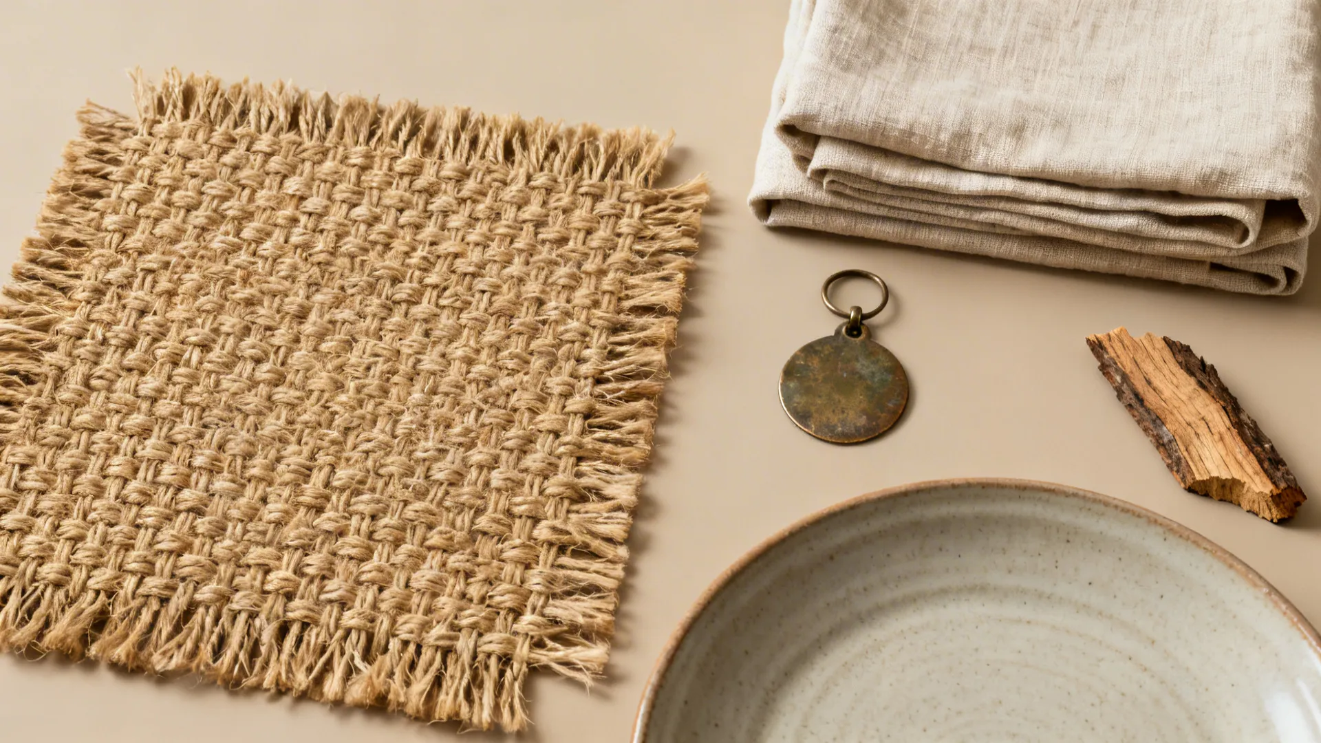 Woven mat folded fabric metal ring small wood piece and ceramic bowl on beige surface