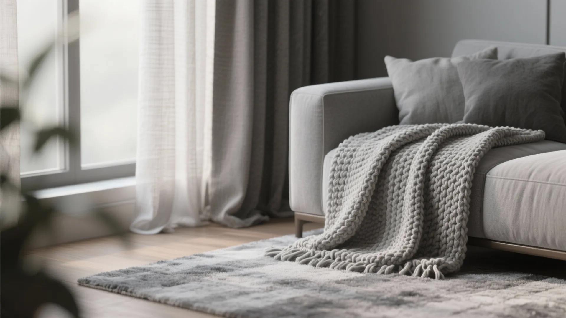 Close up of grey sofa with knitted blanket soft rug thin curtains and natural light