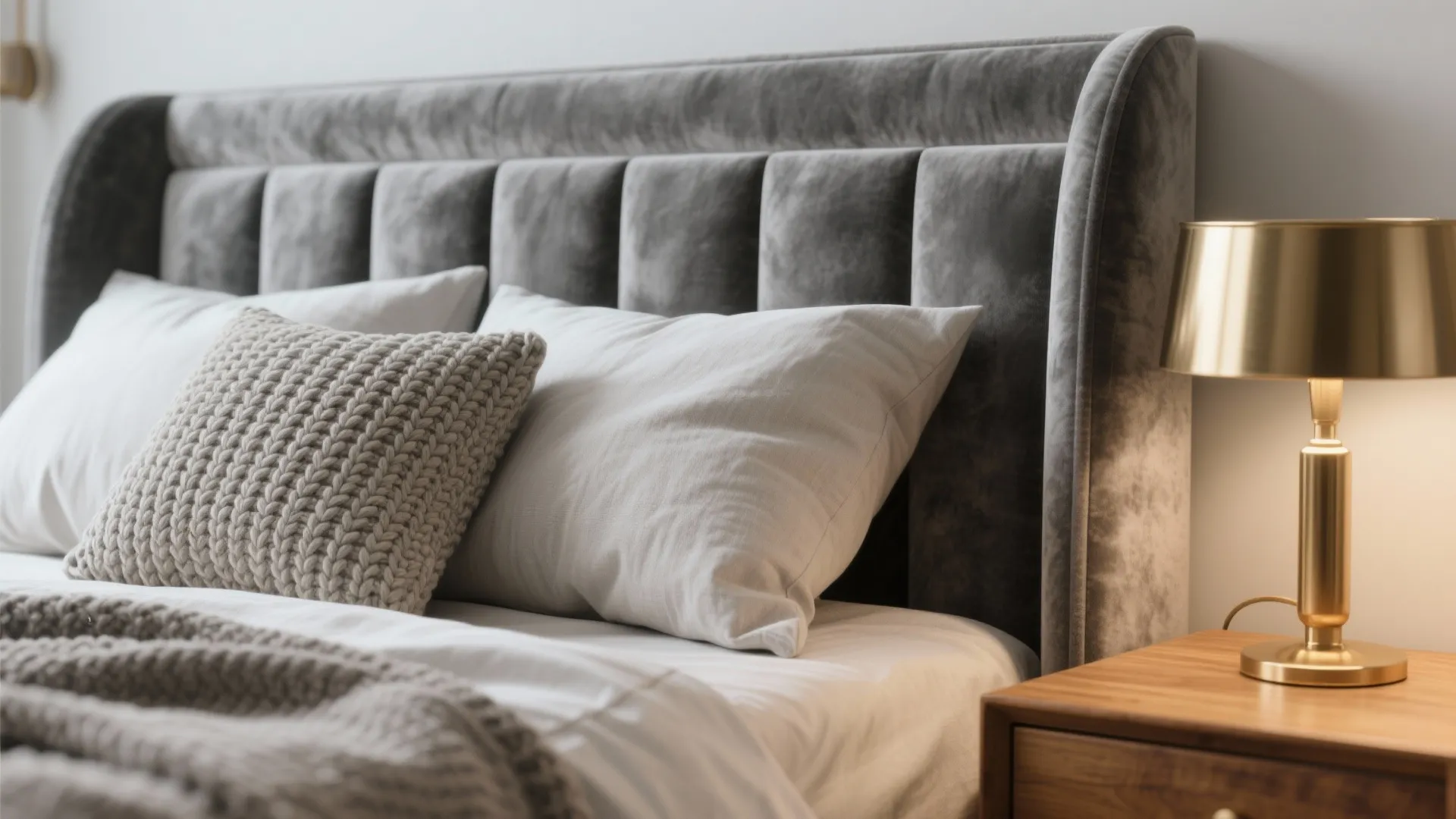 Close-up of velvet headboard, linen pillow, chunky knit throw and brass lamp on a wood nightstand.