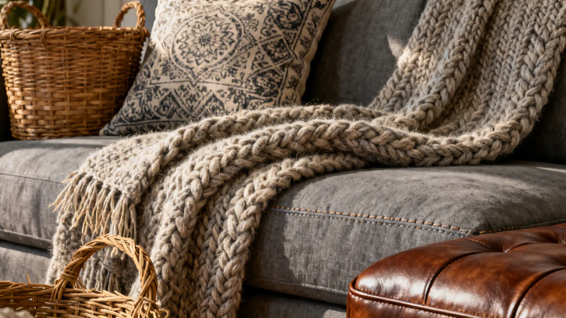 Macro view of a chunky wool throw and patterned cushion on a grey sofa with rattan and leather accents.