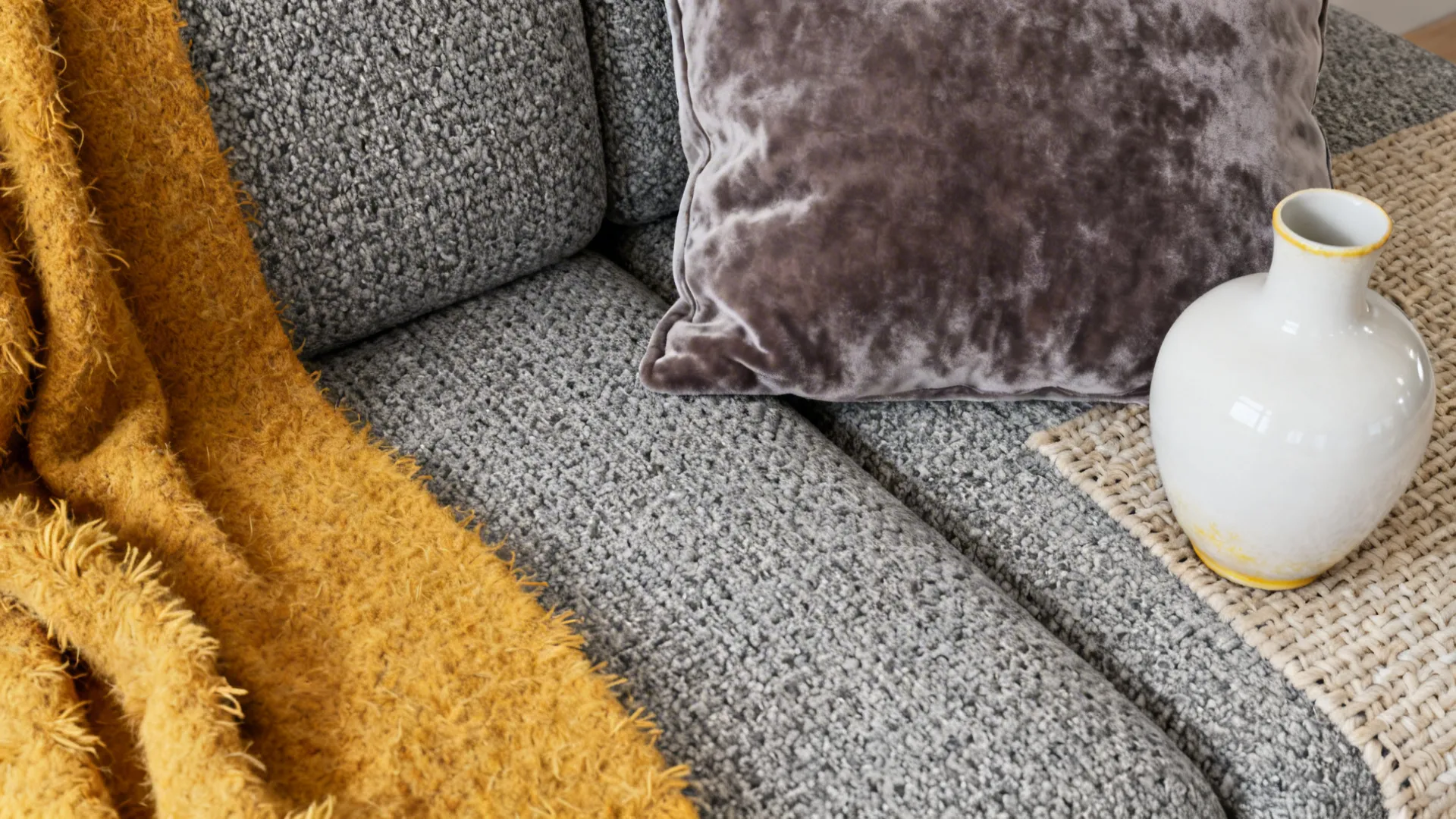 Close-up of grey boucle, saffron wool throw and velvet cushion showing layered textures