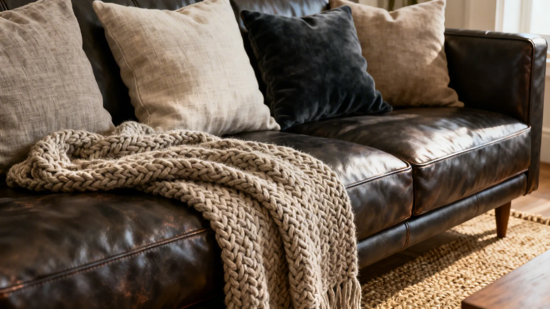 1. Layered Textures Around a Leather Sofa