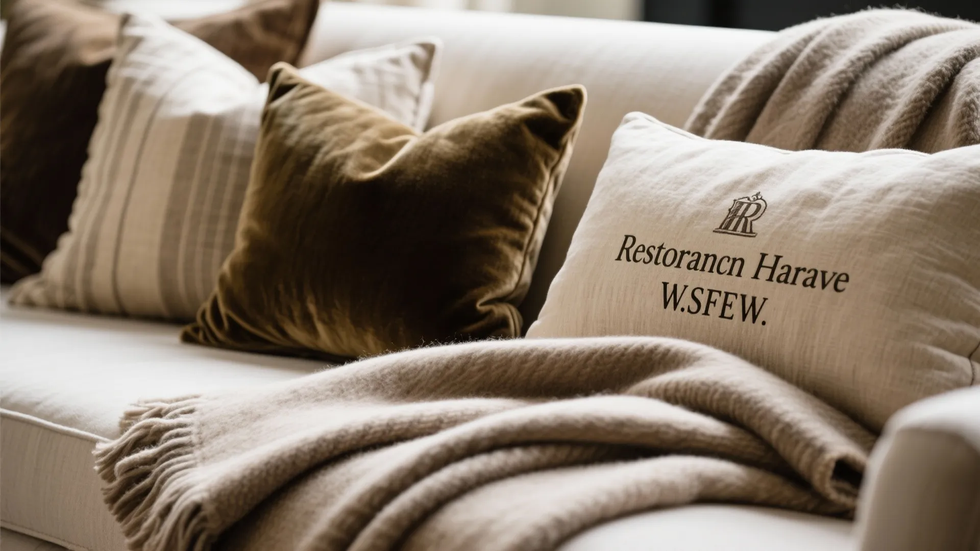 Close-up of linen, velvet, and cashmere textiles in neutral shades