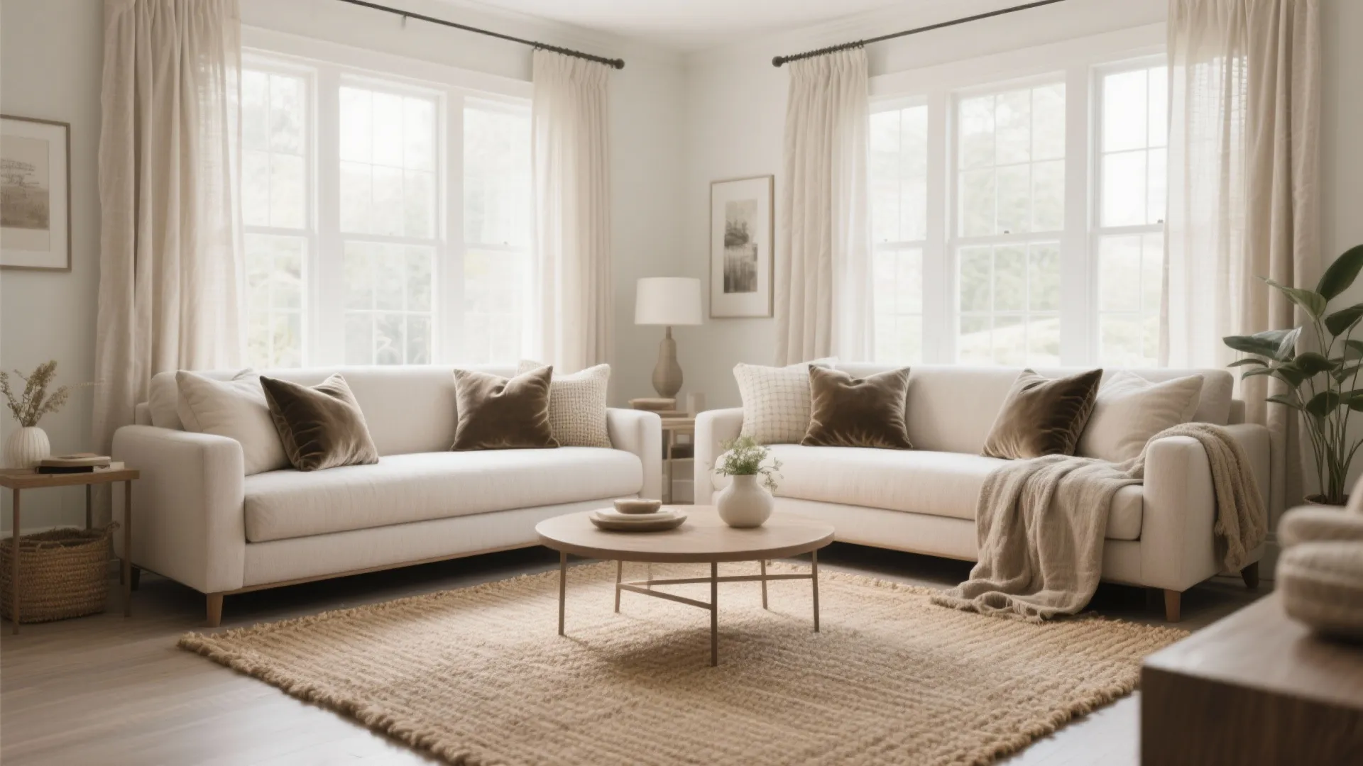 Cozy living room with two white sofas facing a round wooden table on woven rug