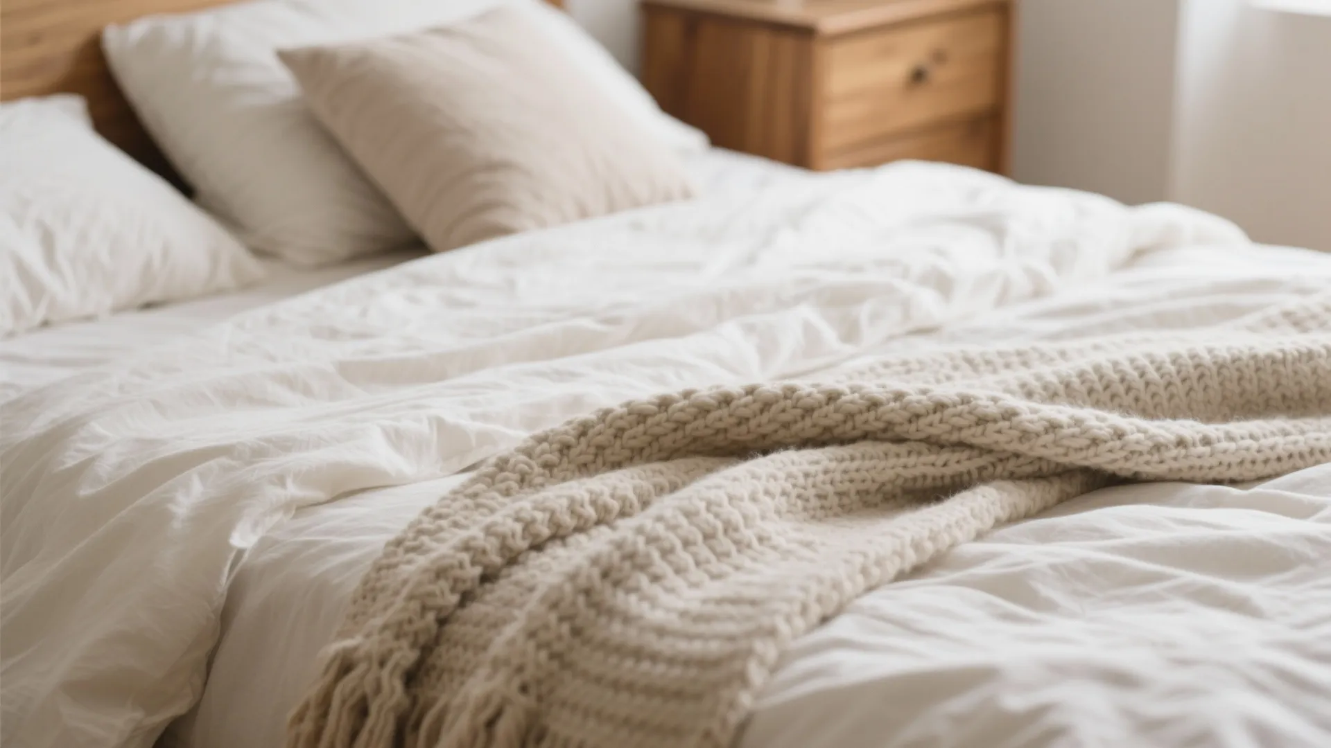 Close up of white bed sheets with beige knitted blanket and wooden side table in background