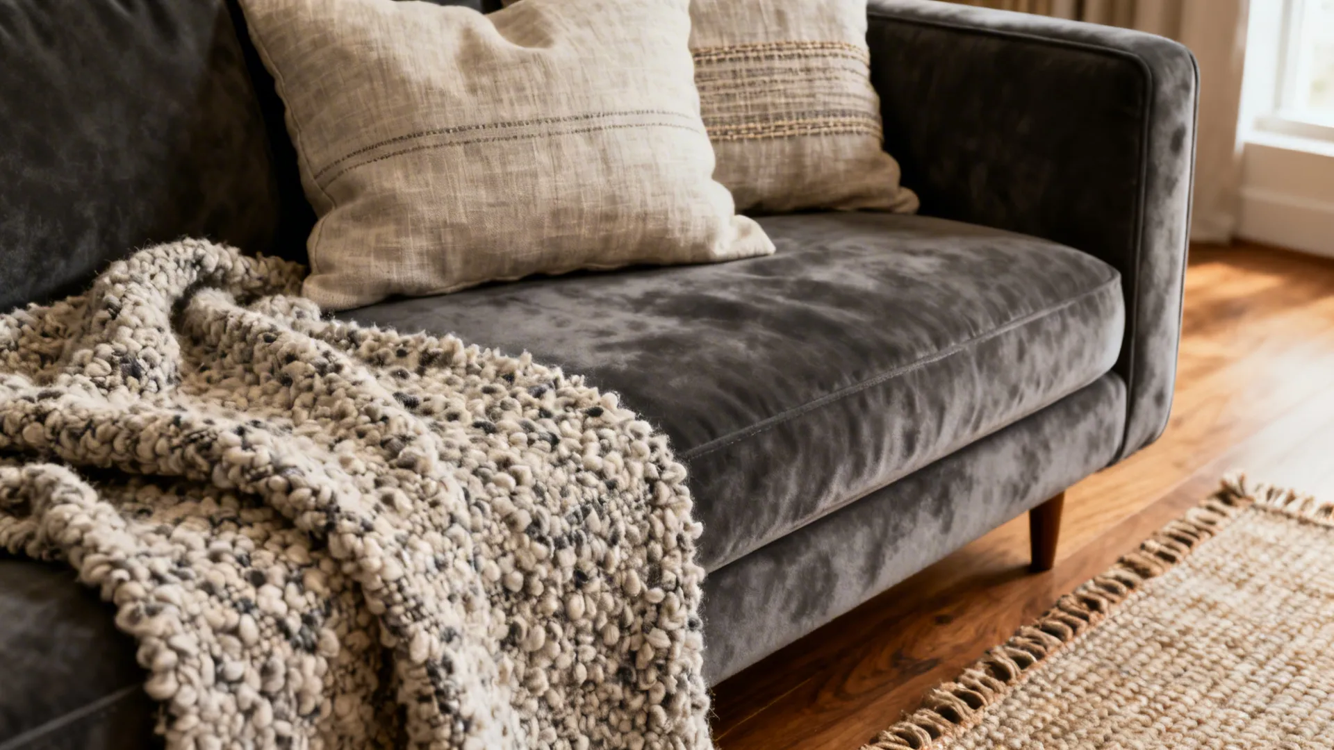 Close up of dark grey sofa with knit blanket linen pillows and woven area rug
