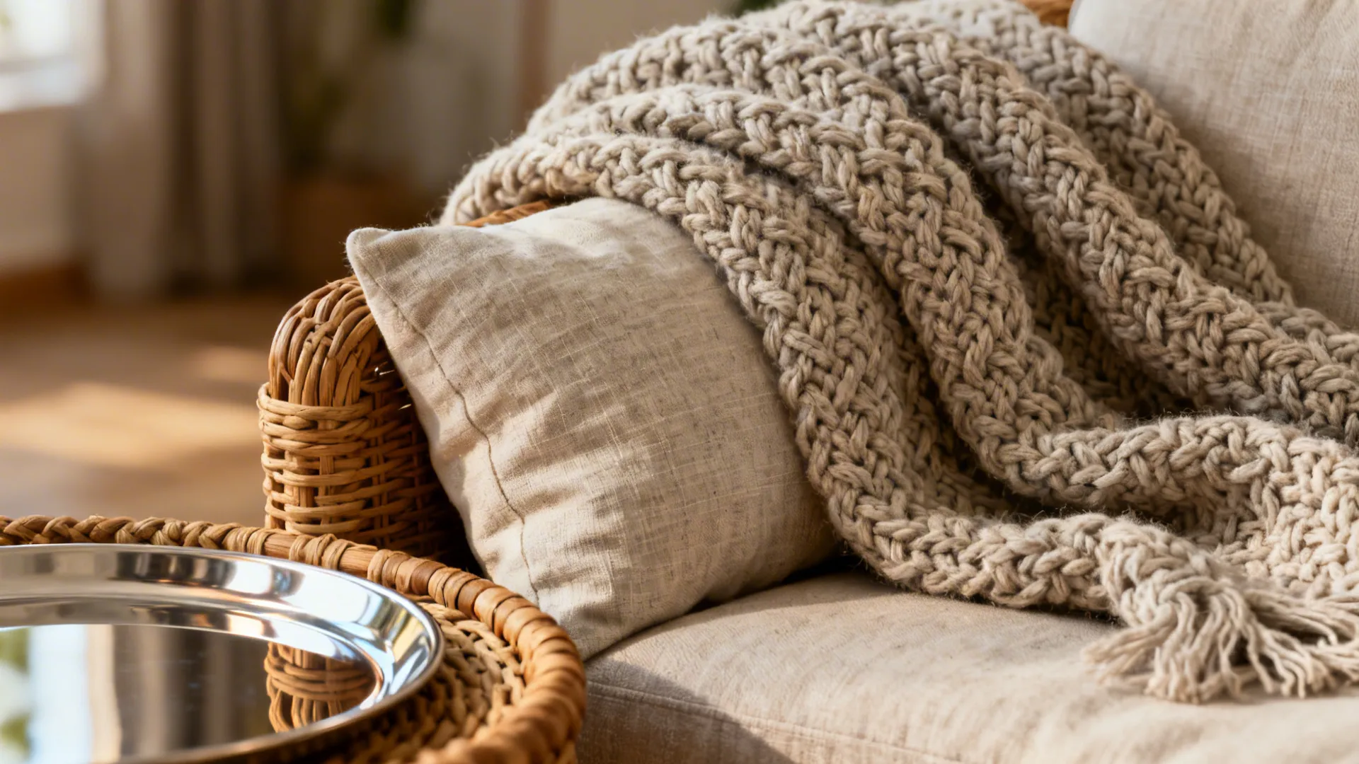Close-up of chunky knit throw, linen pillow, and woven basket showing layered textures