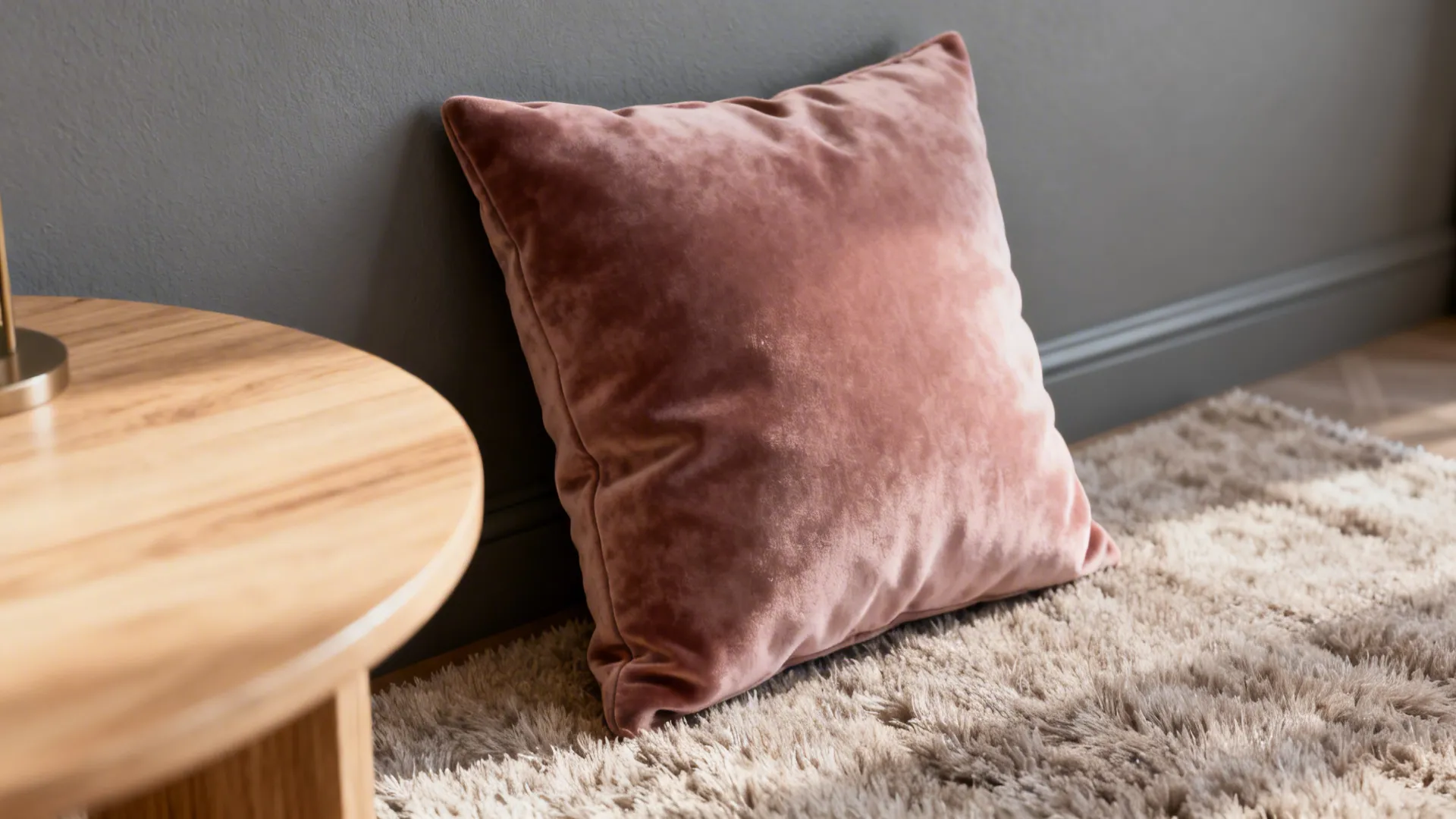 Close-up of matte gray wall, velvet dusty-rose cushion and a plush rug showing layered textures.