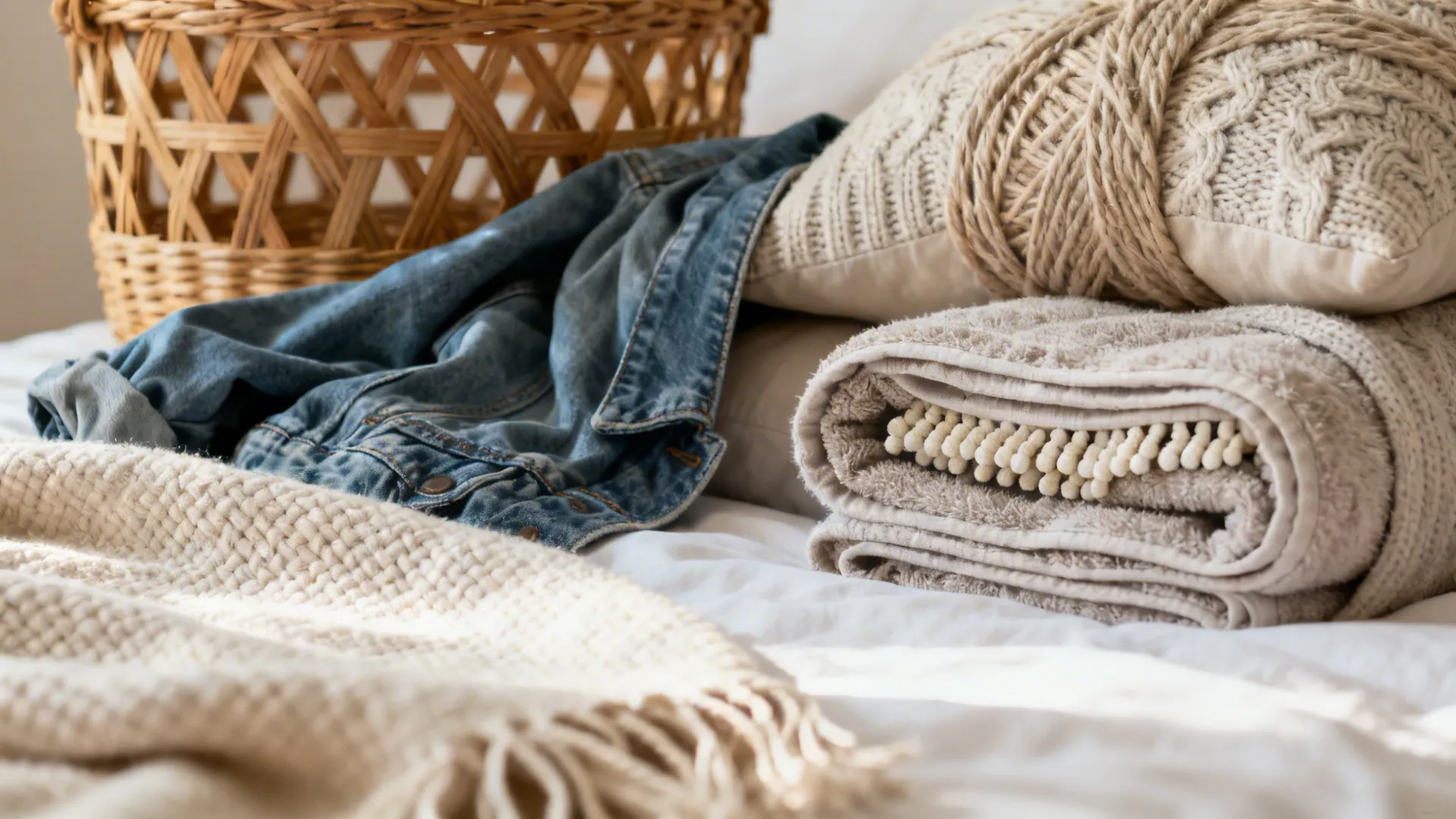 Wicker basket denim jacket folded blankets and knit pillows arranged on a white bed surface