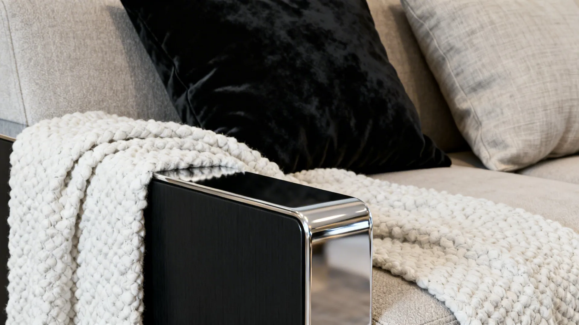 Macro view of layered textiles and mixed finishes: matte black, glossy silver, nubby white throw and velvet cushion