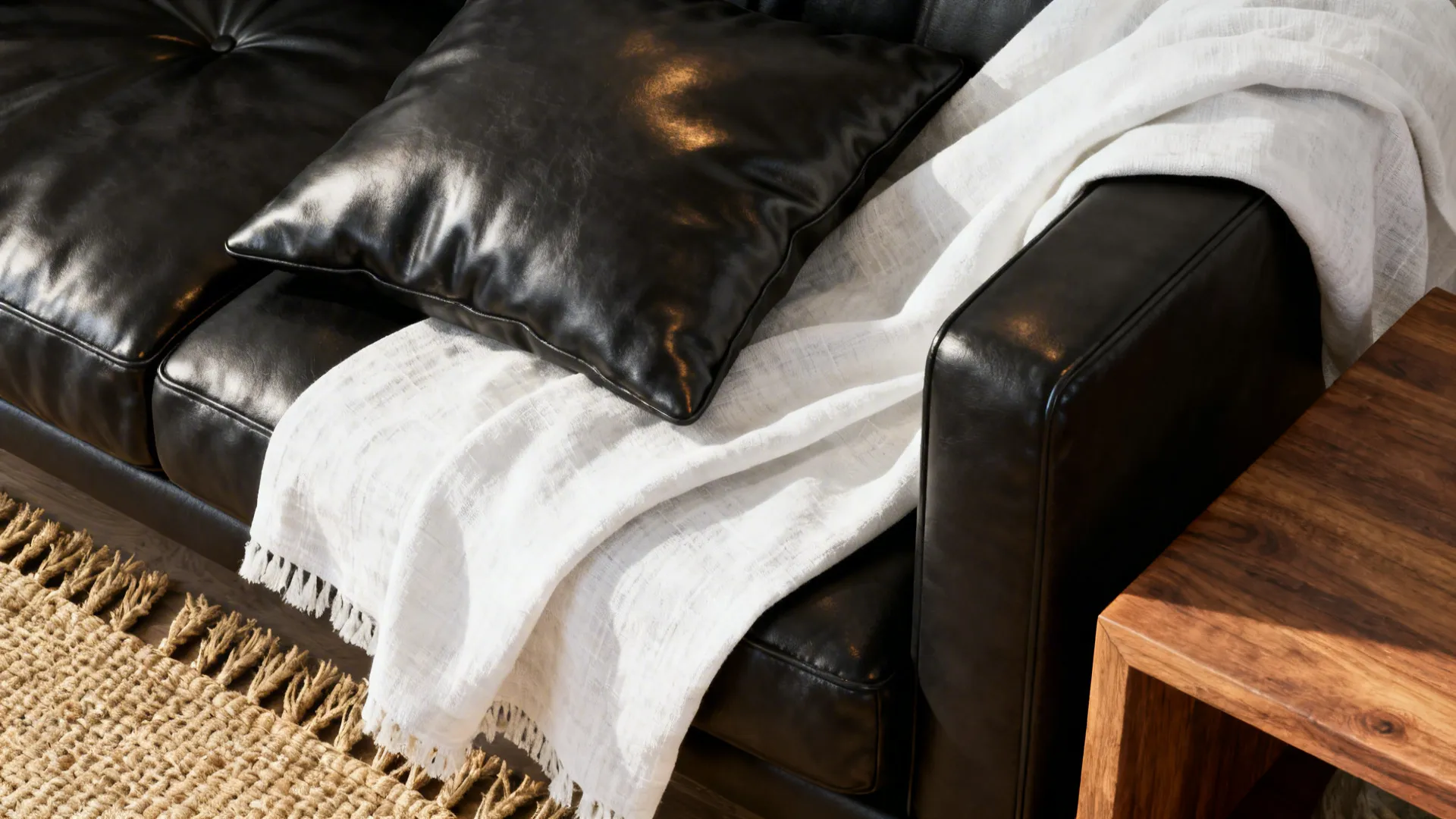 Layered black leather, white linen, jute rug and wood side table close-up.