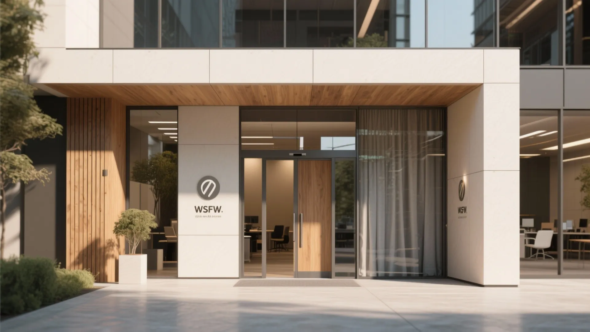 Office entry with wood, metal, and fabric elements in design