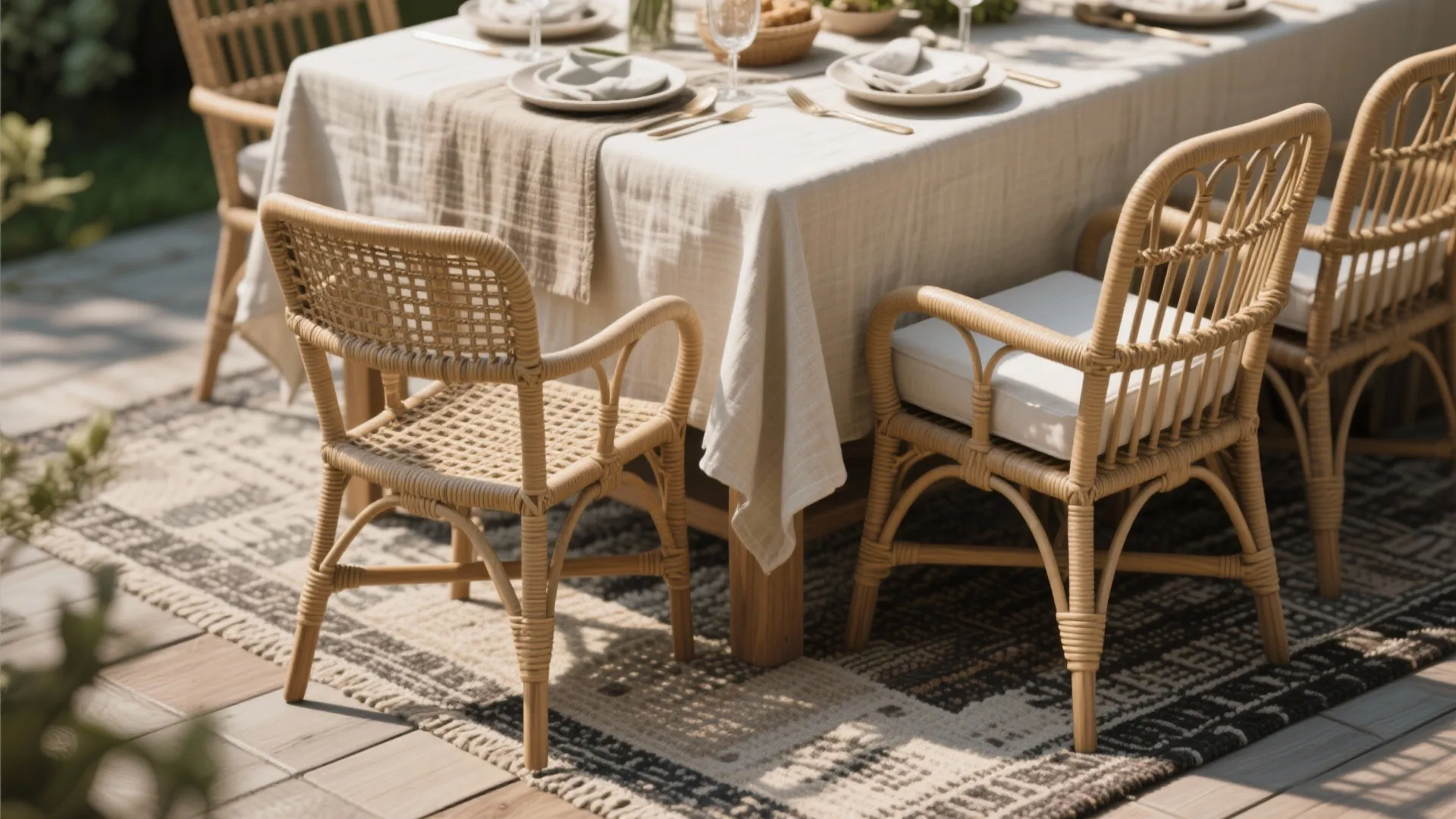 Outdoor dining area featuring woven chairs with white cushions and a table with neutral linens