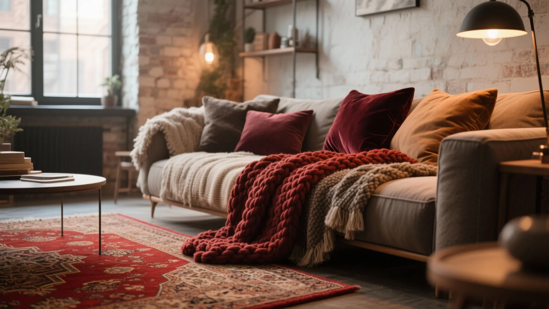 Close up of grey sofa with red pillows and knitted blanket on patterned red rug