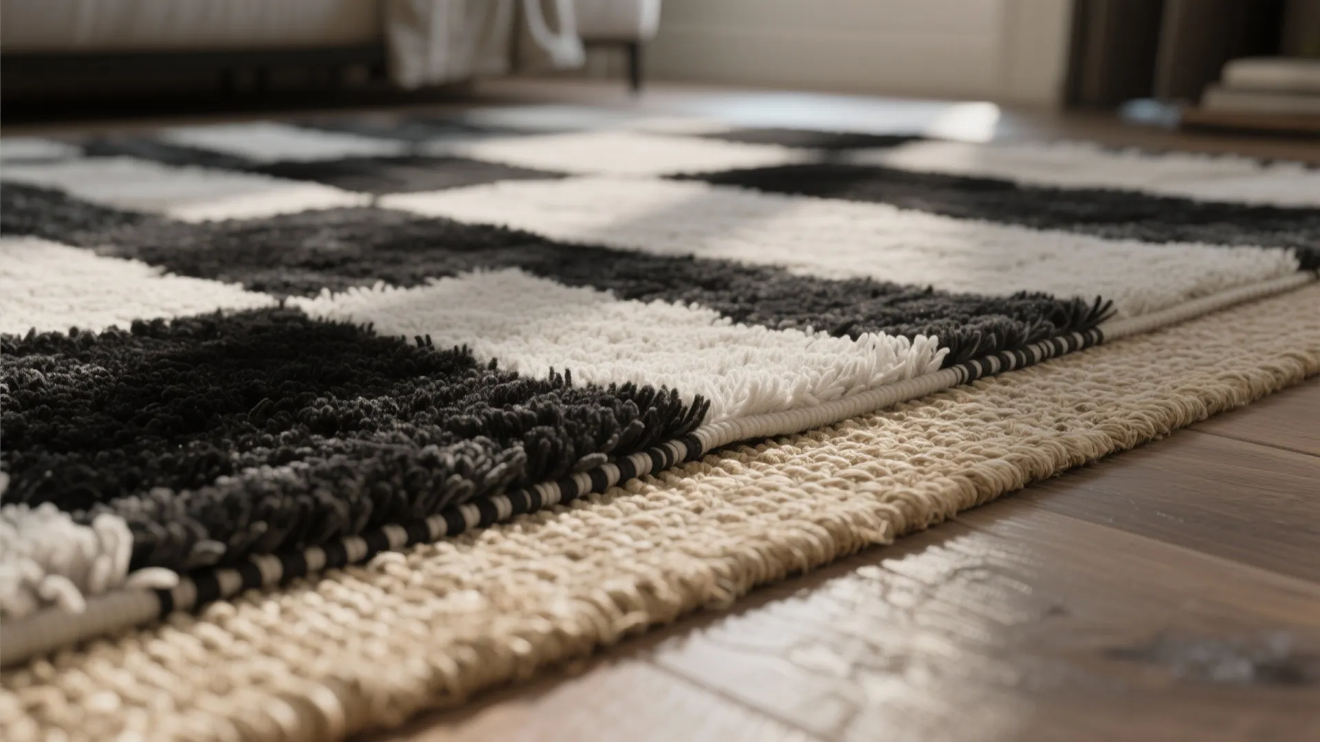 Close up of black and white checkered rug layered over a textured rug on floor