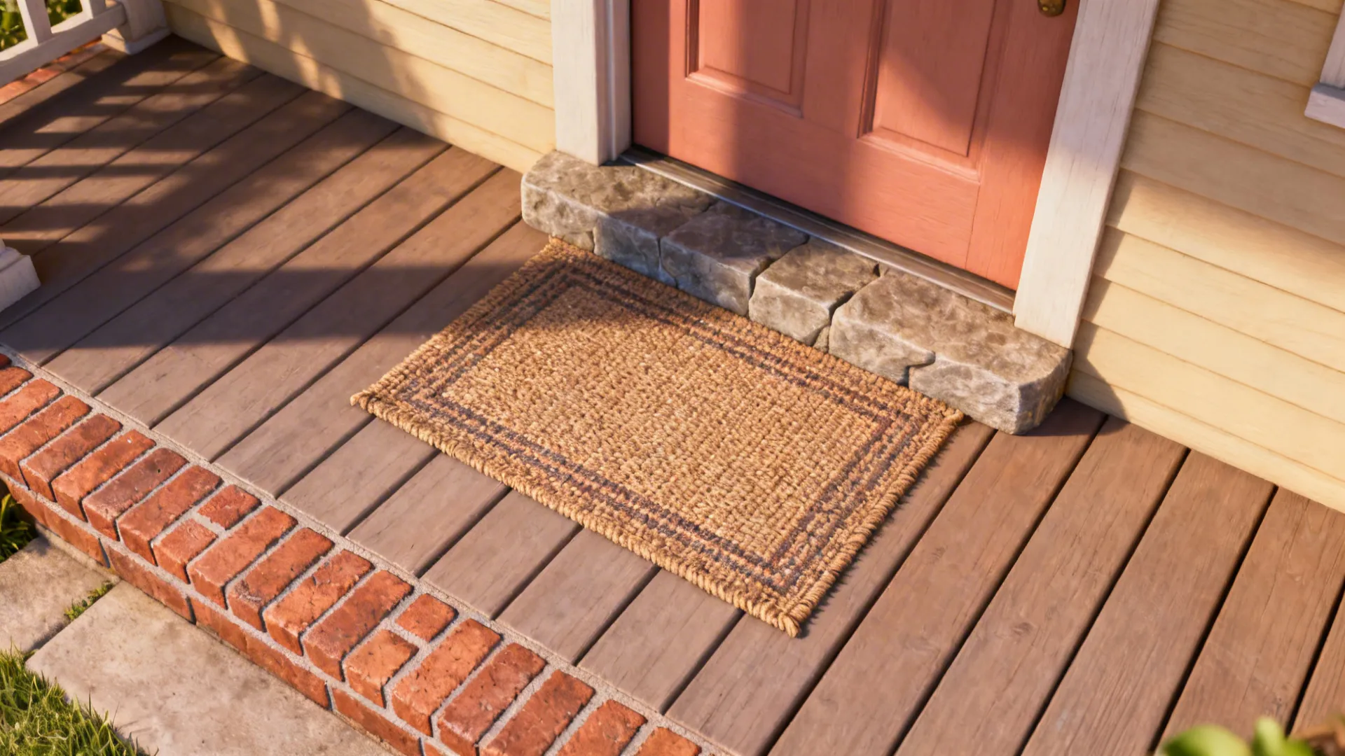 Narrow brick pavers, a small woven outdoor rug, and a painted front door creating layered texture on a small porch.
