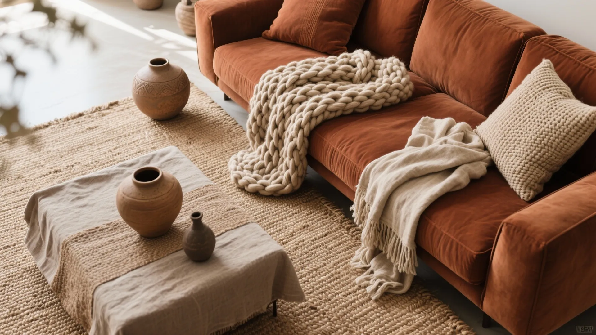 Layered interior textures with rust tones and natural fabrics