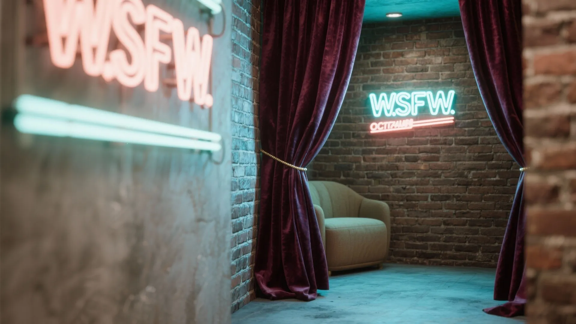 Close-up of layered brick, velvet, and neon textures in selfie corner